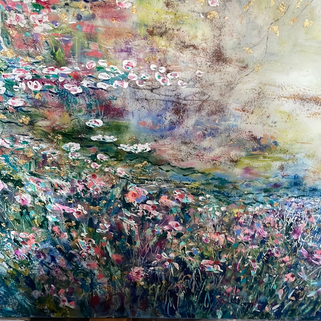 Original painting - Glowing stream and birch trees - Large painting 60 x 48 x 1.5 - oil , plaster , and gold leaf
