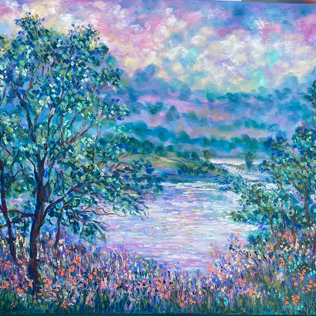 Original painting - California Don Pedro lake , oak trees and wildflowers -oil painting 40 x 30 x 1.5
