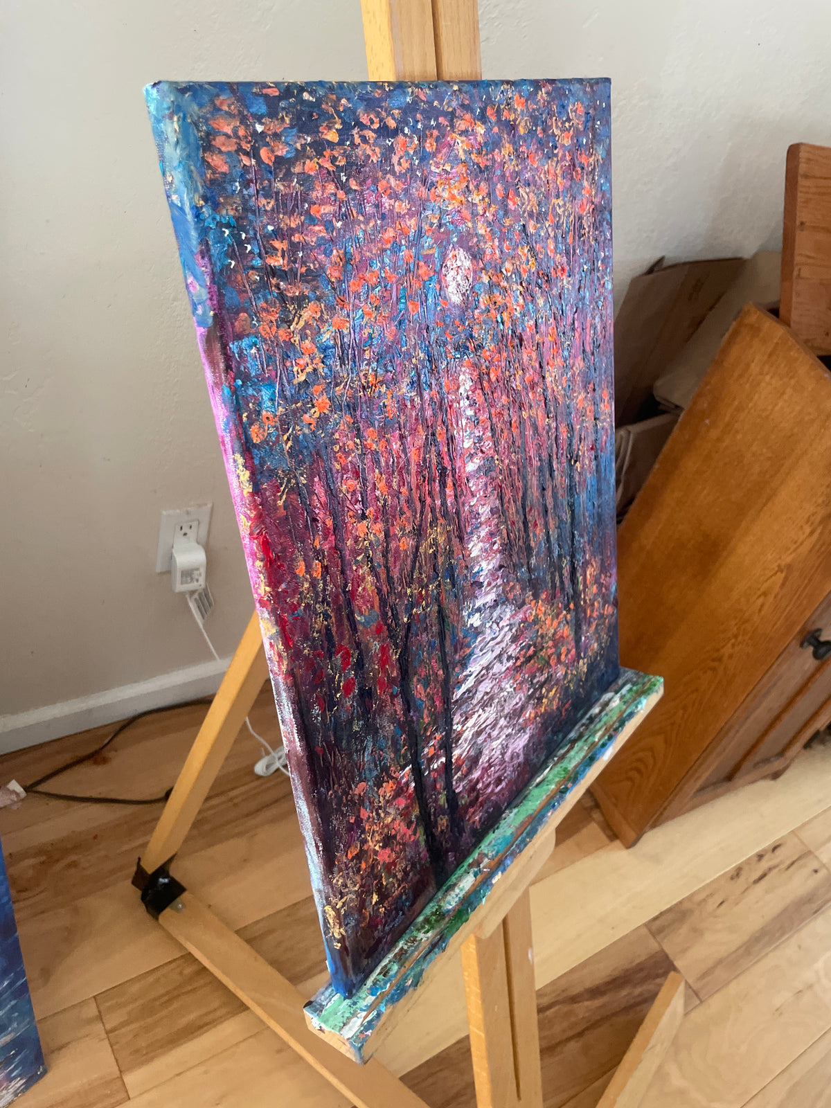 Original oil painting red fall trees Stream palette knife orange merlot fall foliage