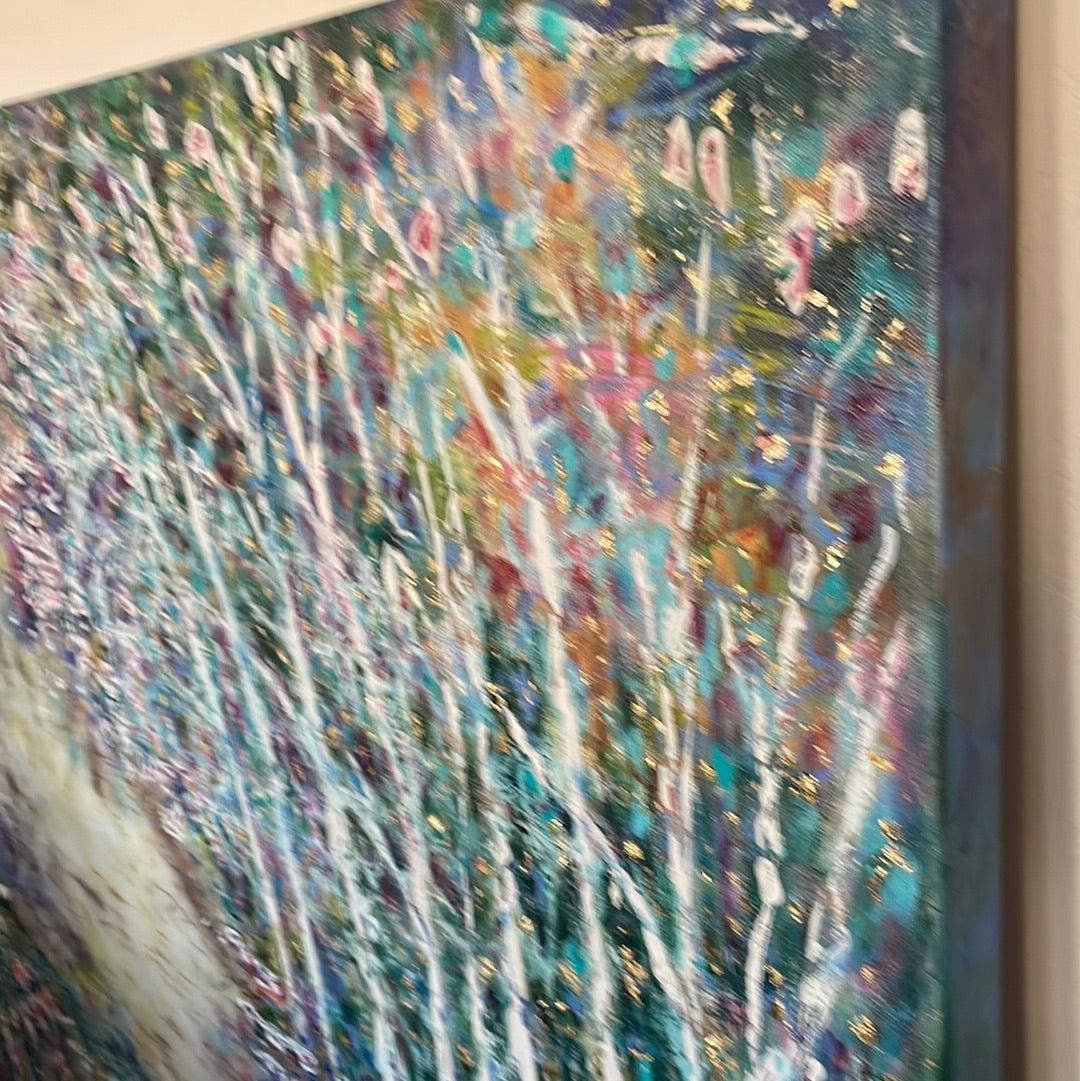 Original painting - Glowing stream and birch trees - Large painting 60 x 48 x 1.5 - oil , plaster , and gold leaf