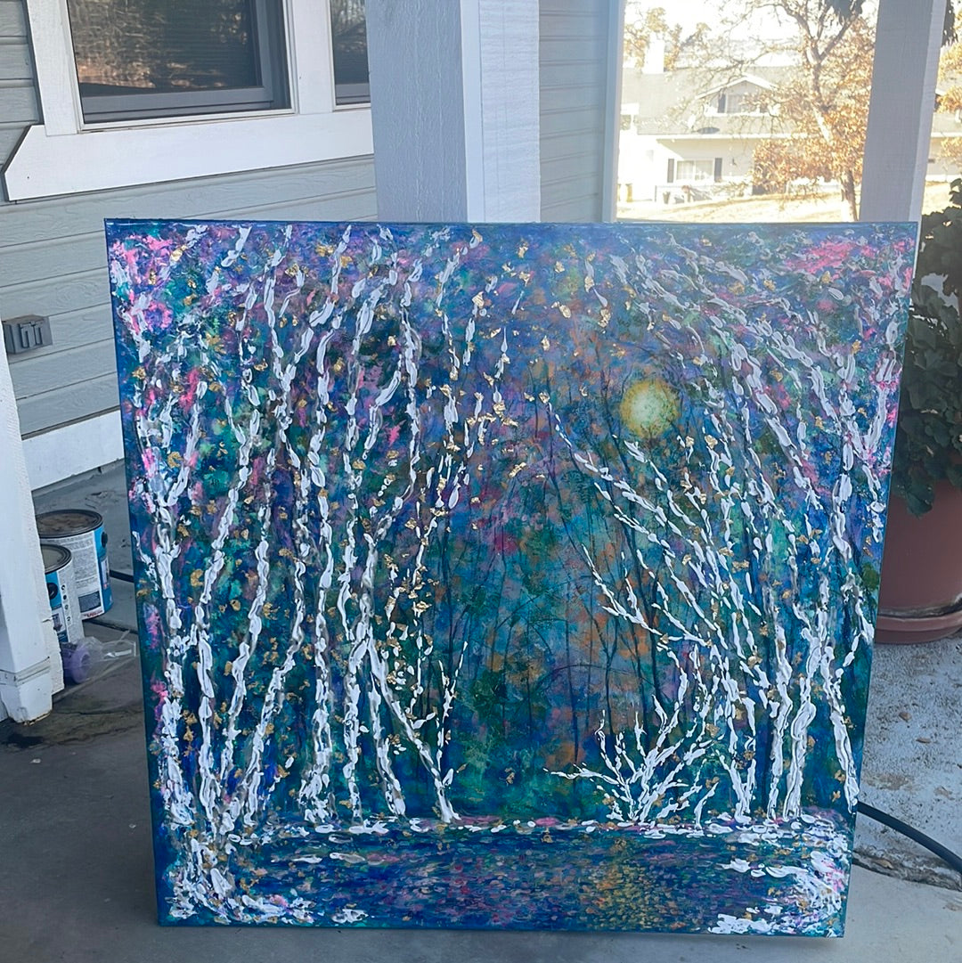36x36x1 - Original Painting - Birchtrees along sunny stream- acrylic with resin