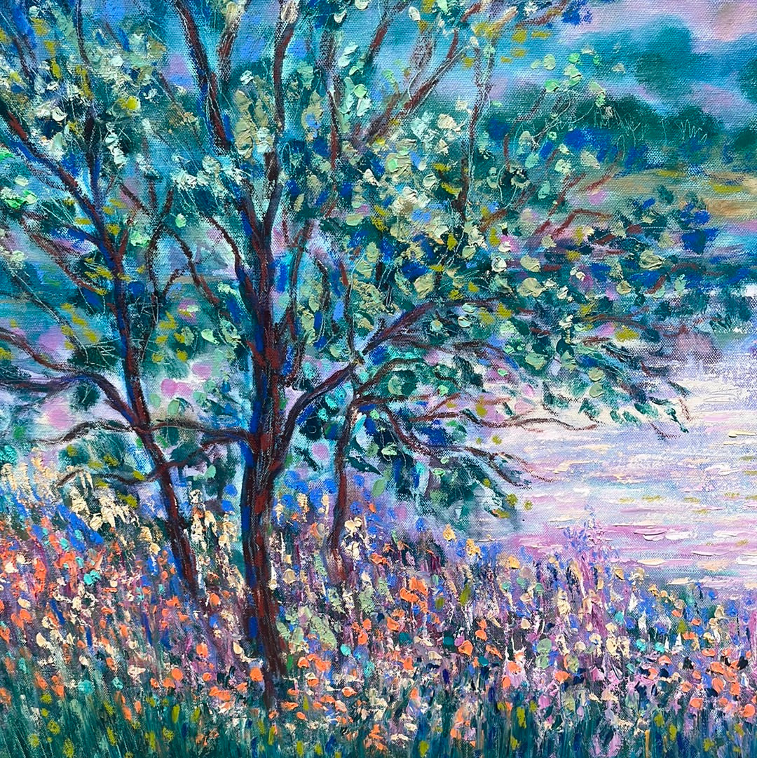 Original painting - California Don Pedro lake , oak trees and wildflowers -oil painting 40 x 30 x 1.5