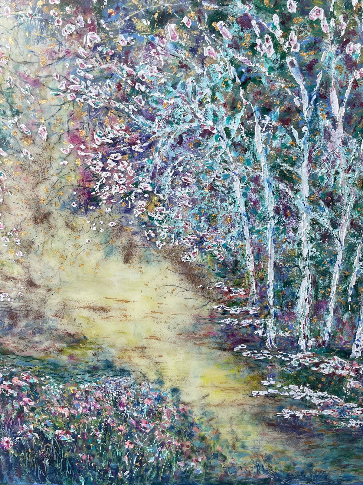 Original painting - Glowing stream and birch trees - Large painting 60 x 48 x 1.5 - oil , plaster , and gold leaf