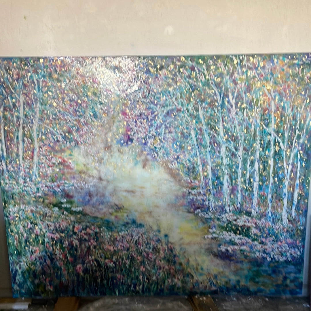 Original painting - Glowing stream and birch trees - Large painting 60 x 48 x 1.5 - oil , plaster , and gold leaf