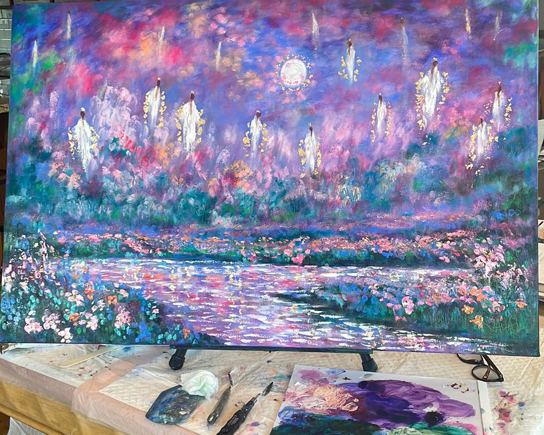 24x36x1.5 Original Oil Painting Angels of Cherry Blossom Heaven in moonlight