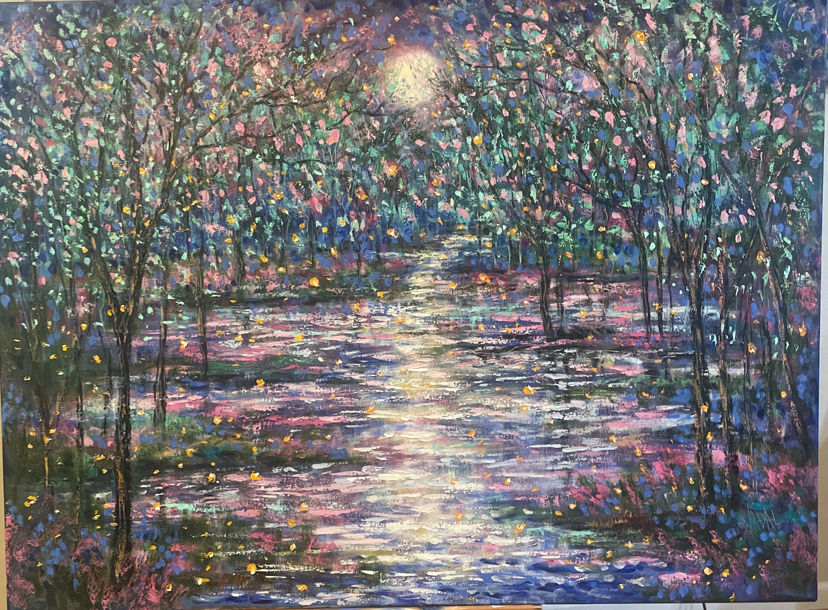 Original large oil painting - moonlight and fireflies along the river - 30 x40 x1.5