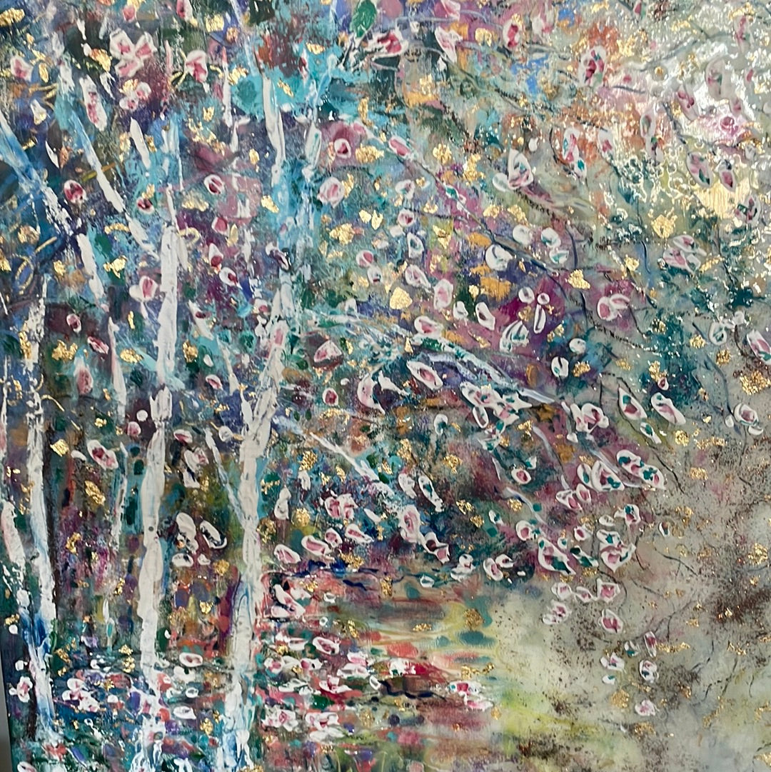 Original painting - Glowing stream and birch trees - Large painting 60 x 48 x 1.5 - oil , plaster , and gold leaf