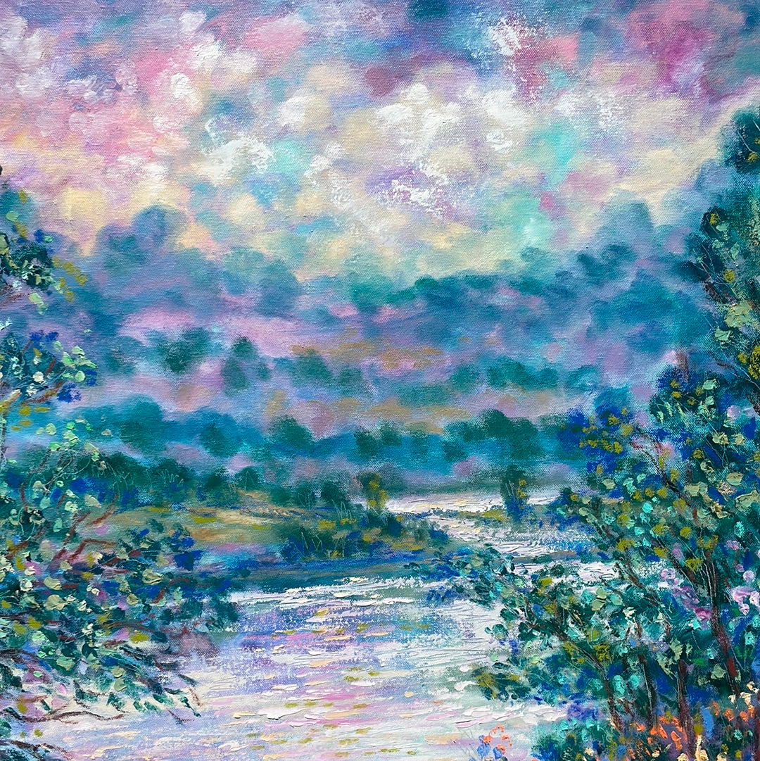 Original painting - California Don Pedro lake , oak trees and wildflowers -oil painting 40 x 30 x 1.5