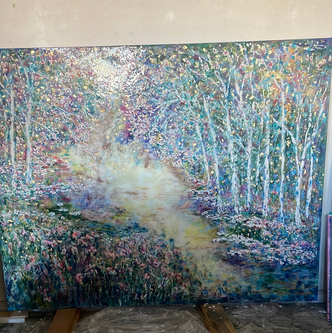 Original painting - Glowing stream and birch trees - Large painting 60 x 48 x 1.5 - oil , plaster , and gold leaf