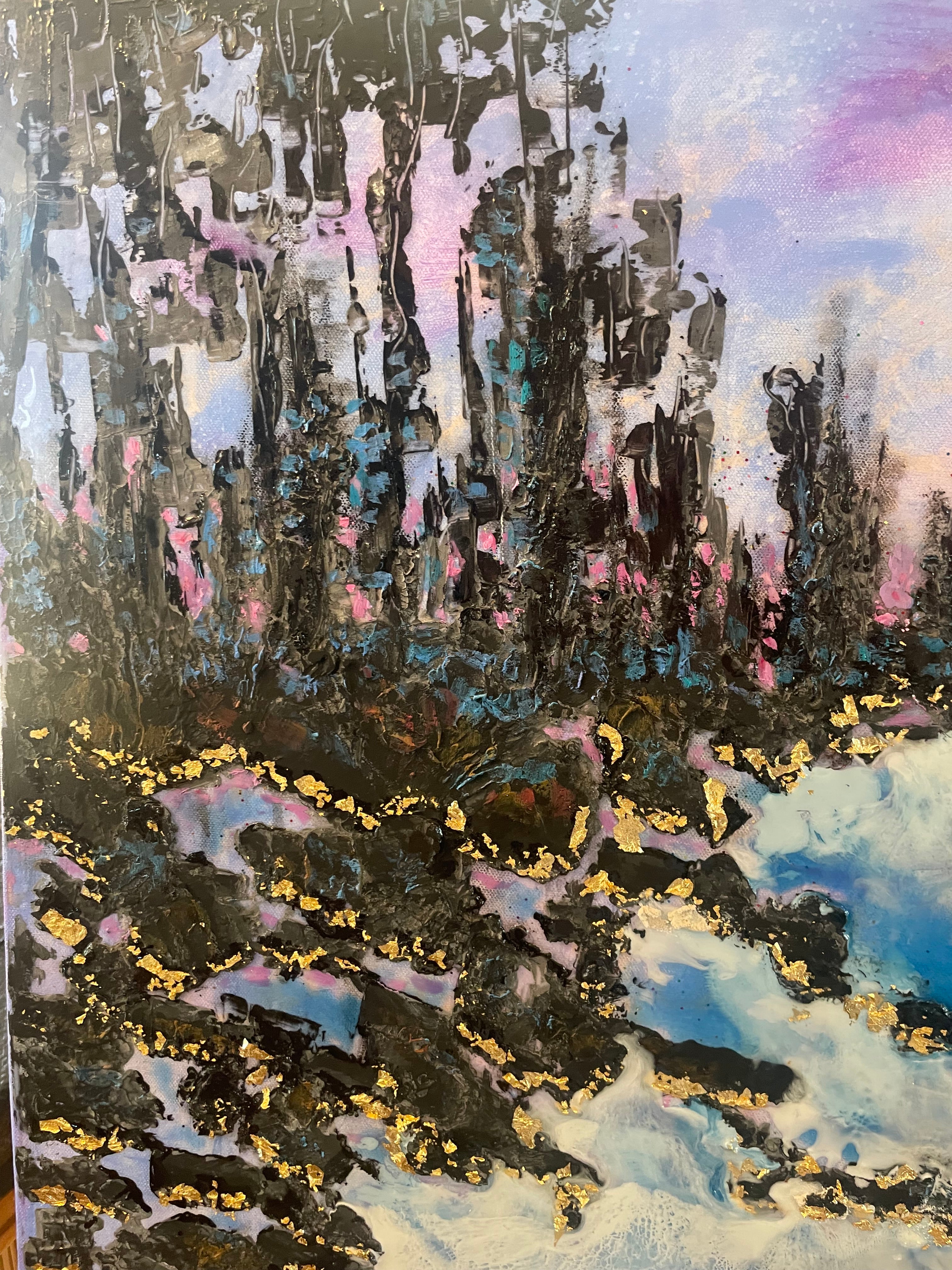 Original large resin painting moonlight and pines along the river in yosemite 30 x40 x1.5