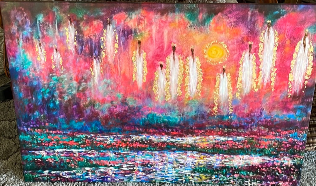 24x36 Canvas Print Angels in Heavens Sunlight Among the Lilly Pads Embellished in Gold Leaf