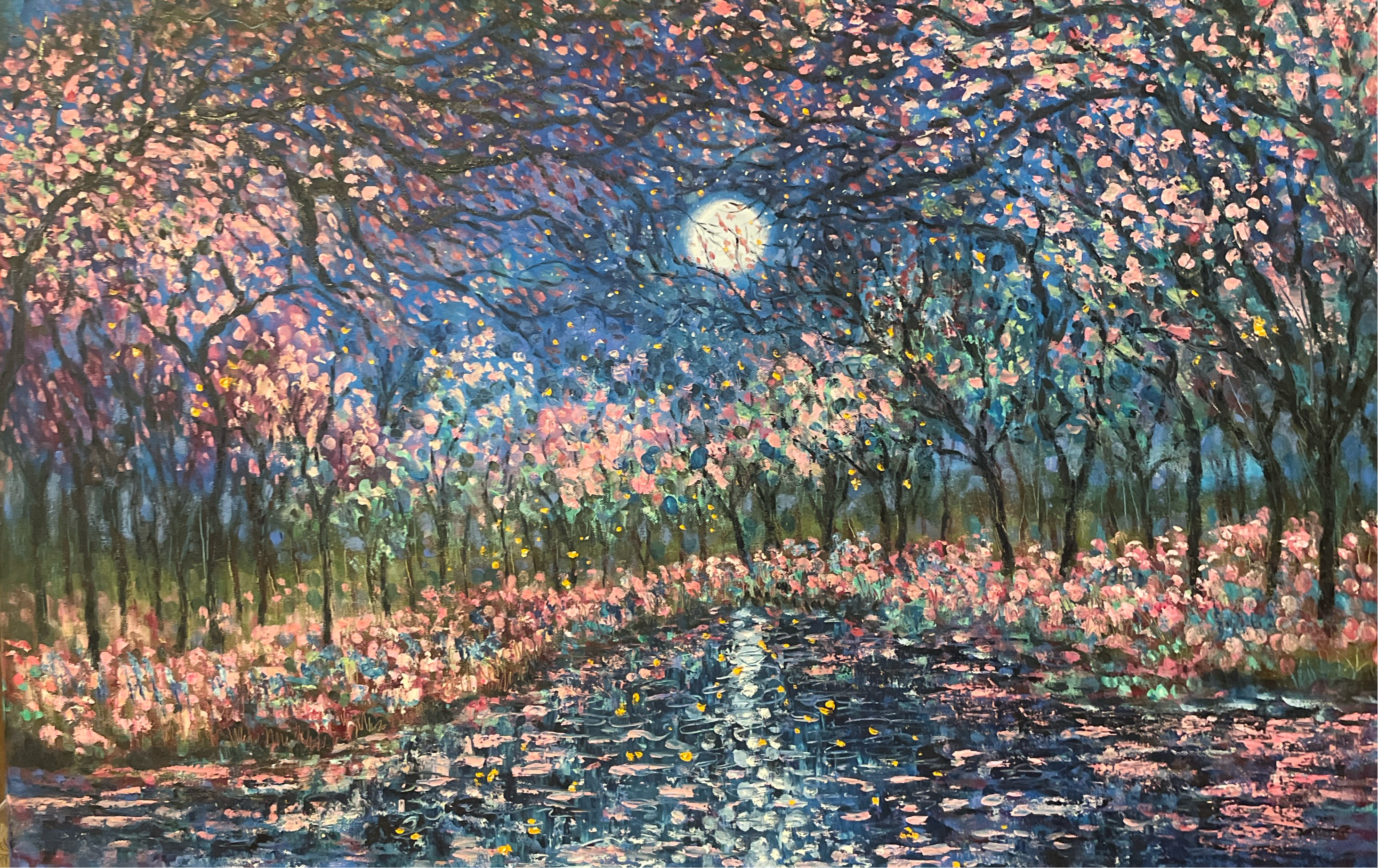 Original painting cherry tree pond-spring wall art paletteknife painting in greens blues pinks wildflower and Lilly pond painting
