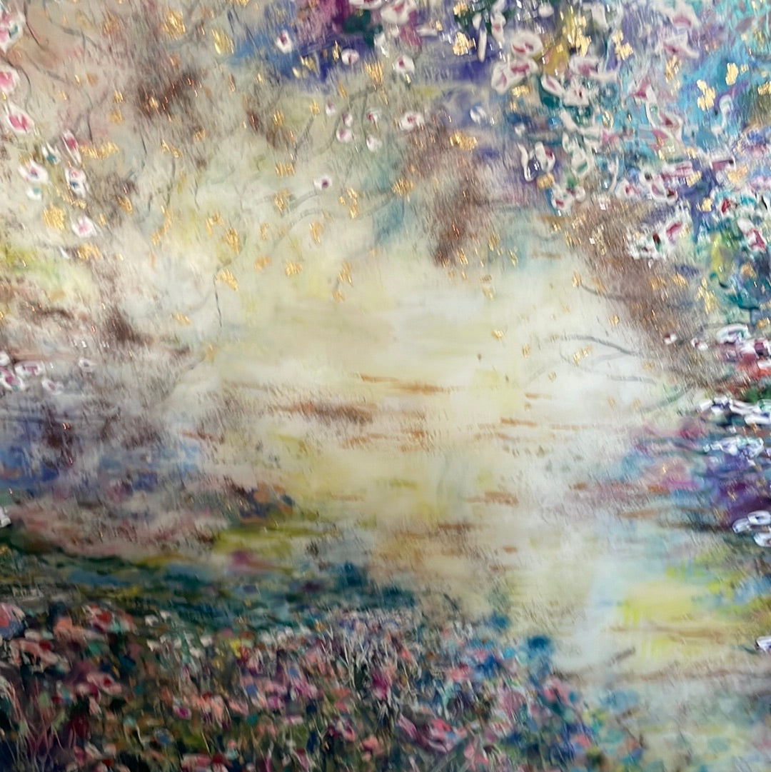 Original painting - Glowing stream and birch trees - Large painting 60 x 48 x 1.5 - oil , plaster , and gold leaf