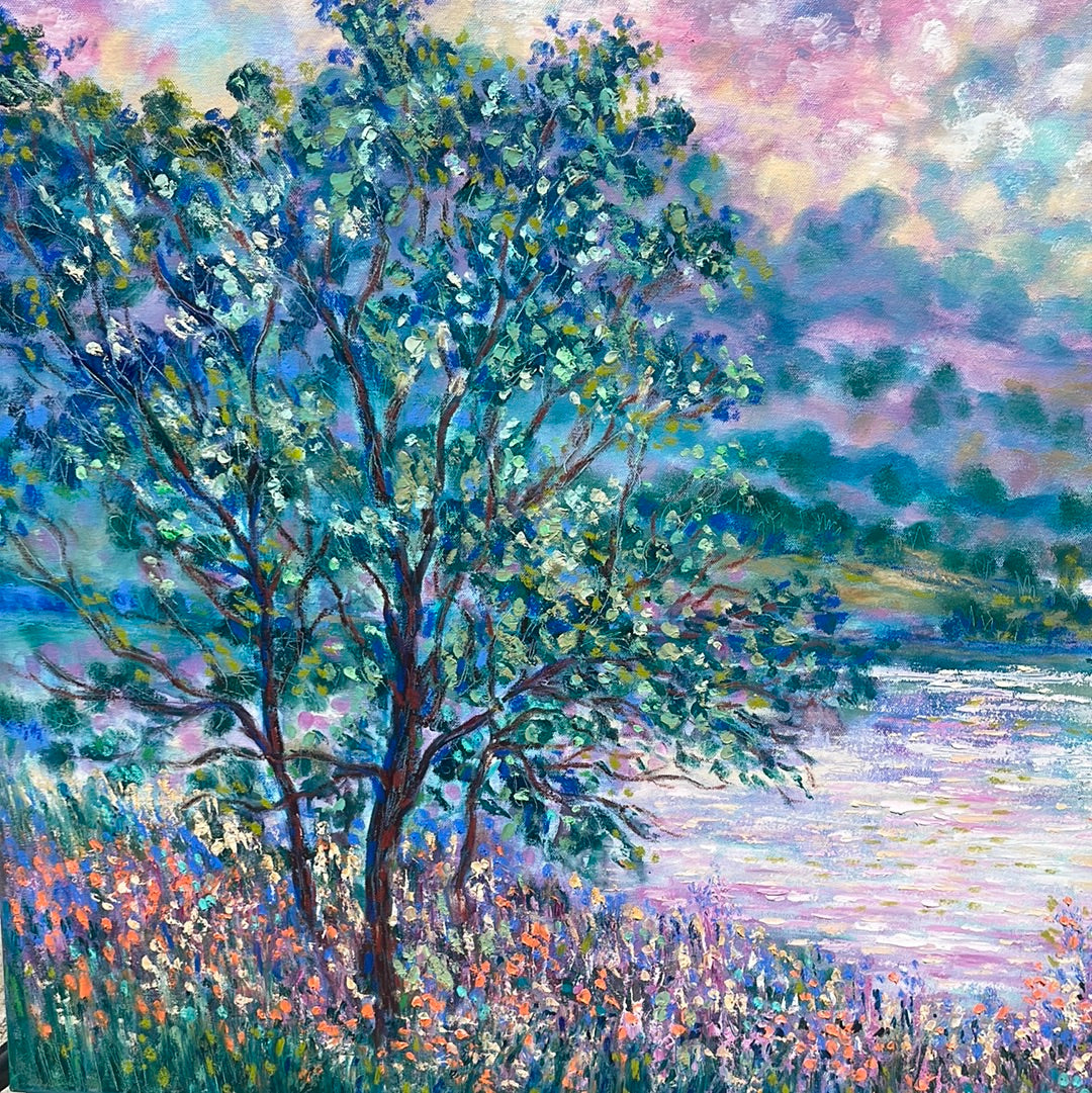 Original painting - California Don Pedro lake , oak trees and wildflowers -oil painting 40 x 30 x 1.5