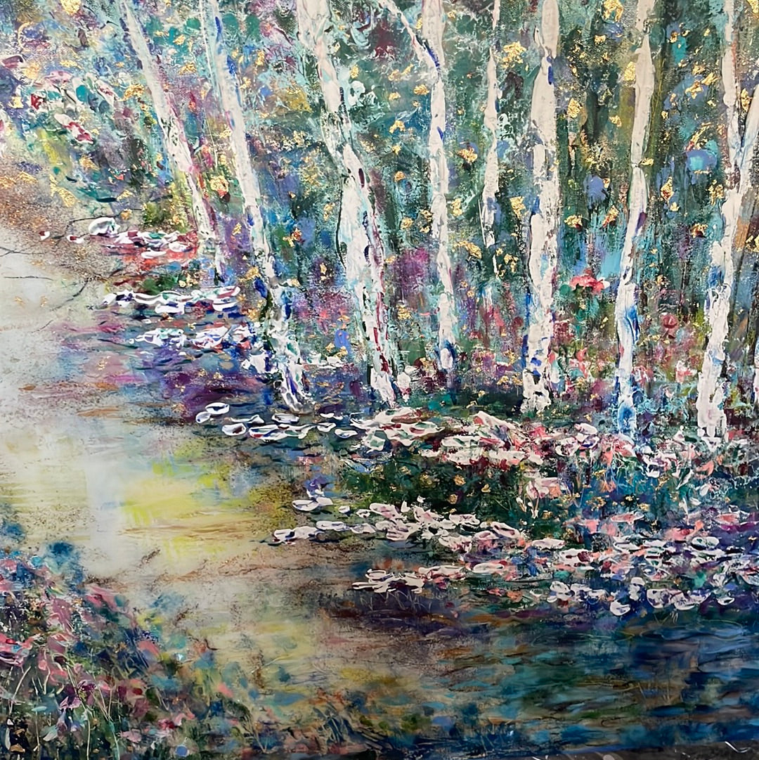 Original painting - Glowing stream and birch trees - Large painting 60 x 48 x 1.5 - oil , plaster , and gold leaf