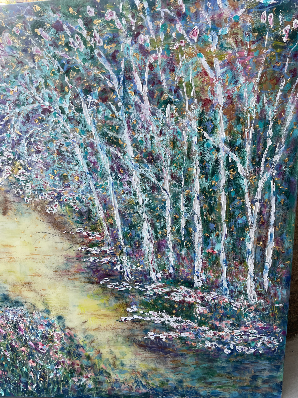Original painting - Glowing stream and birch trees - Large painting 60 x 48 x 1.5 - oil , plaster , and gold leaf