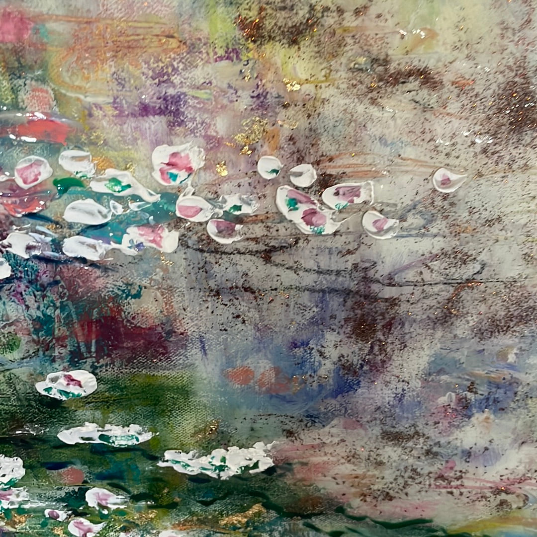 Original painting - Glowing stream and birch trees - Large painting 60 x 48 x 1.5 - oil , plaster , and gold leaf