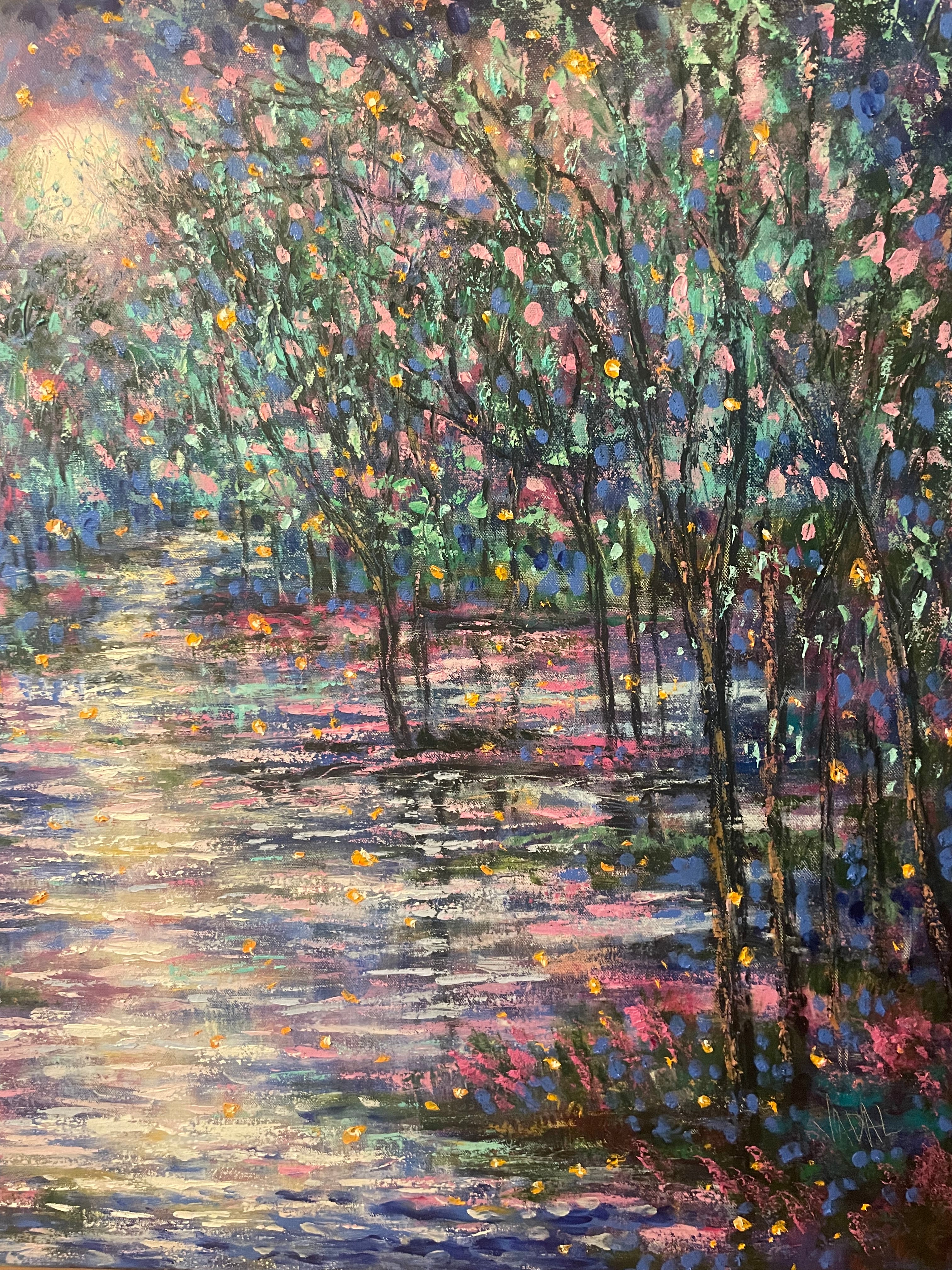 Original large oil painting - moonlight and fireflies along the river - 30 x40 x1.5