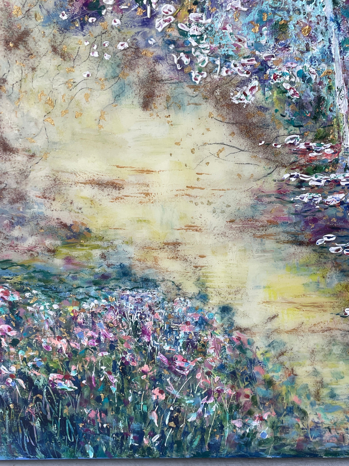 Original painting - Glowing stream and birch trees - Large painting 60 x 48 x 1.5 - oil , plaster , and gold leaf