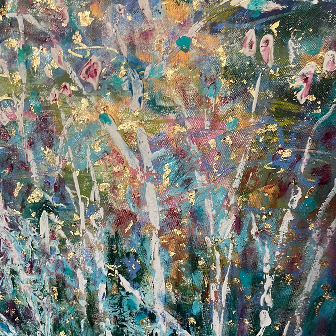 Original painting - Glowing stream and birch trees - Large painting 60 x 48 x 1.5 - oil , plaster , and gold leaf