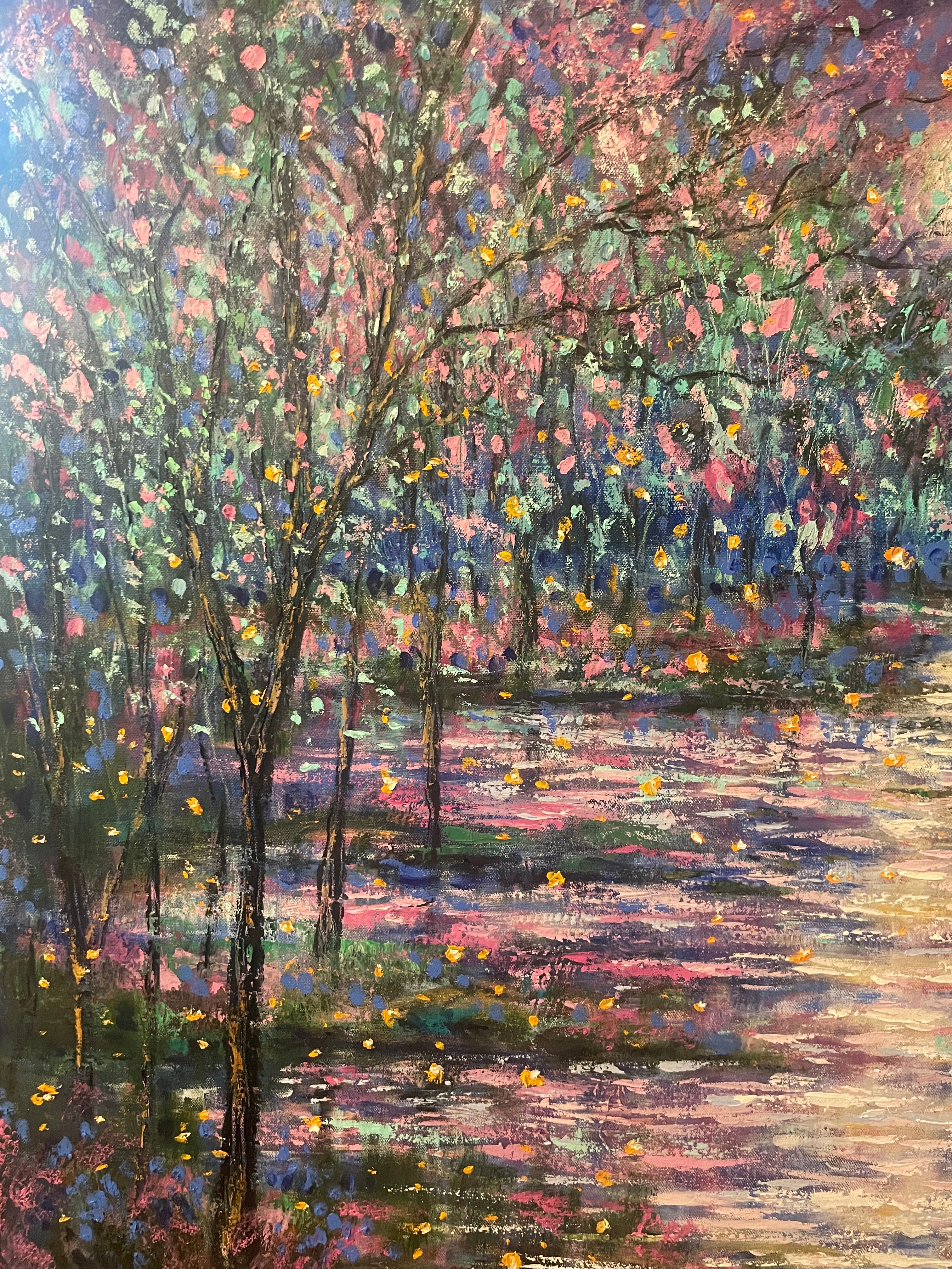 Original large oil painting - moonlight and fireflies along the river - 30 x40 x1.5