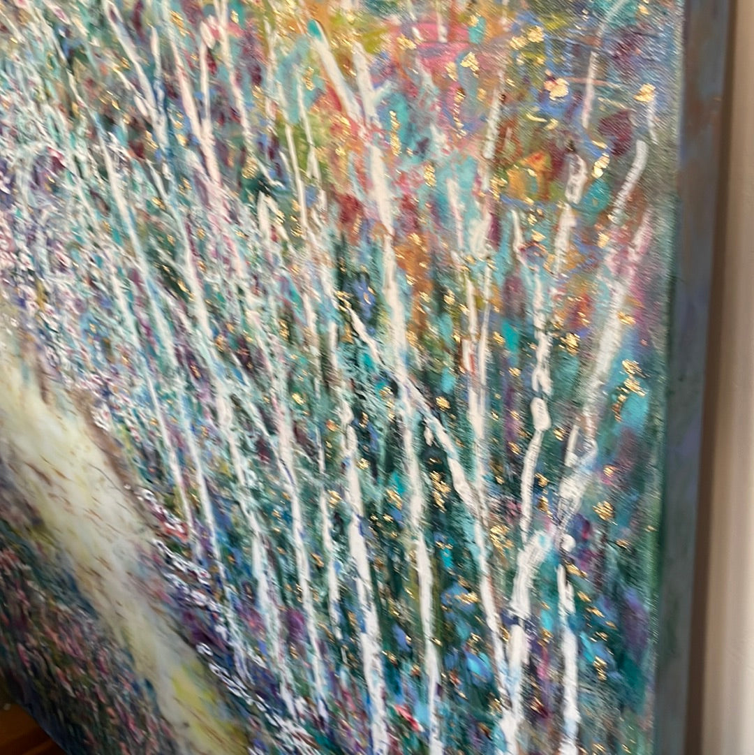 Original painting - Glowing stream and birch trees - Large painting 60 x 48 x 1.5 - oil , plaster , and gold leaf