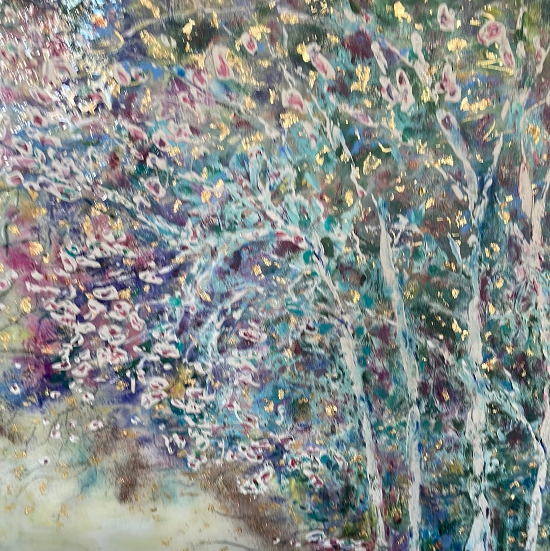 Original painting - Glowing stream and birch trees - Large painting 60 x 48 x 1.5 - oil , plaster , and gold leaf