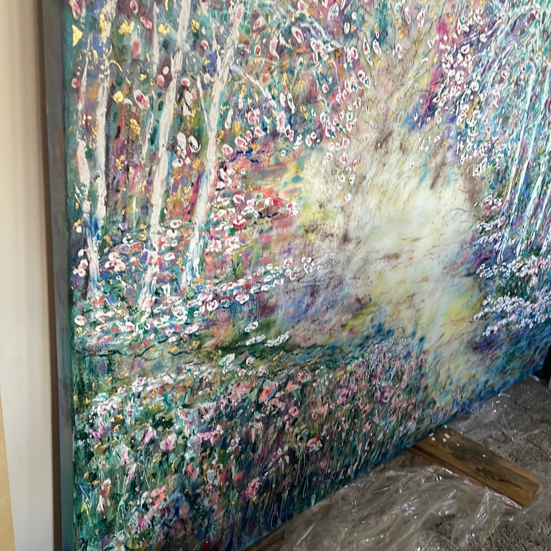 Original painting - Glowing stream and birch trees - Large painting 60 x 48 x 1.5 - oil , plaster , and gold leaf