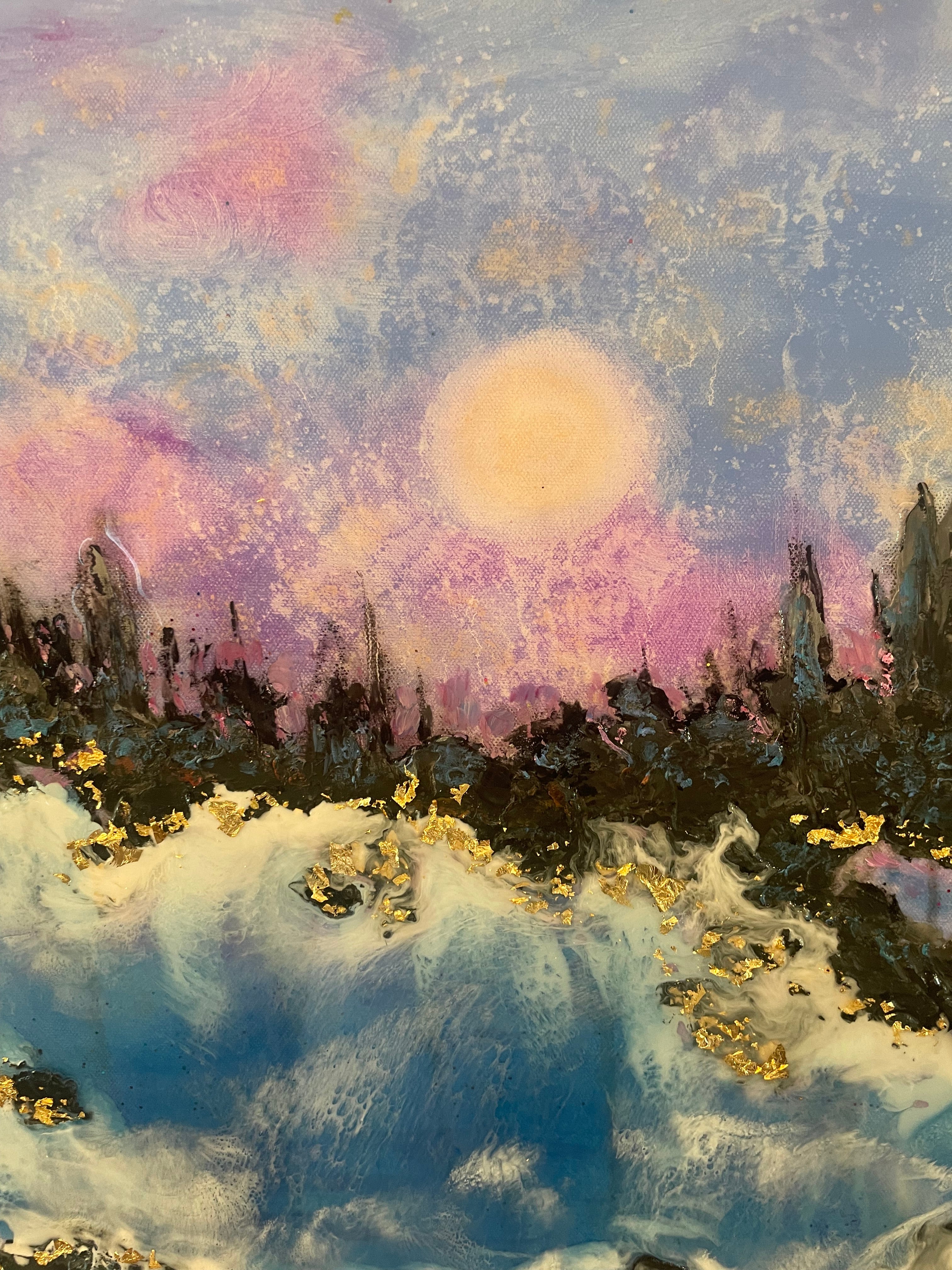 Original large resin painting moonlight and pines along the river in yosemite 30 x40 x1.5
