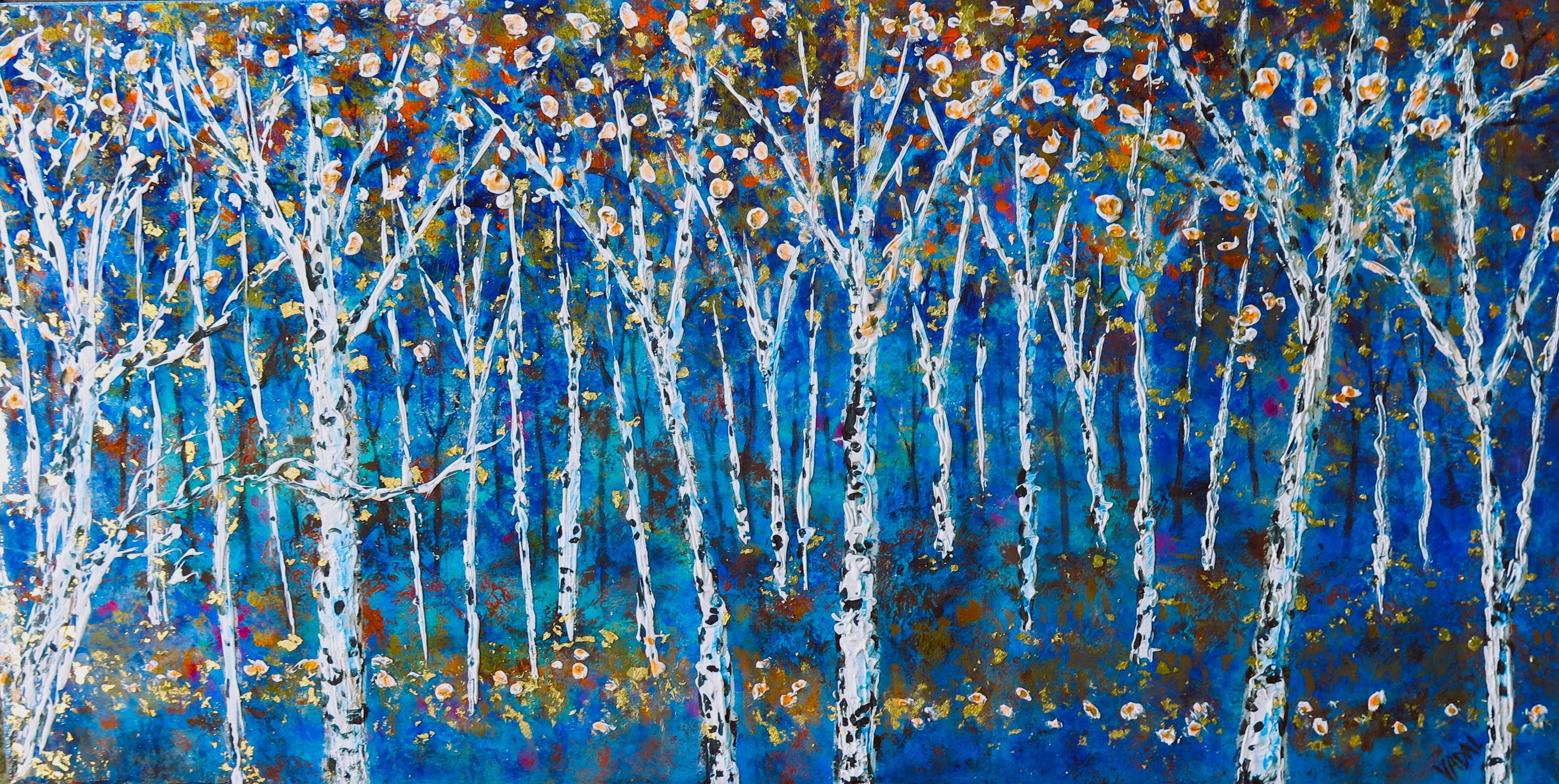 Original painting - Autumn Birch trees at Midnight
