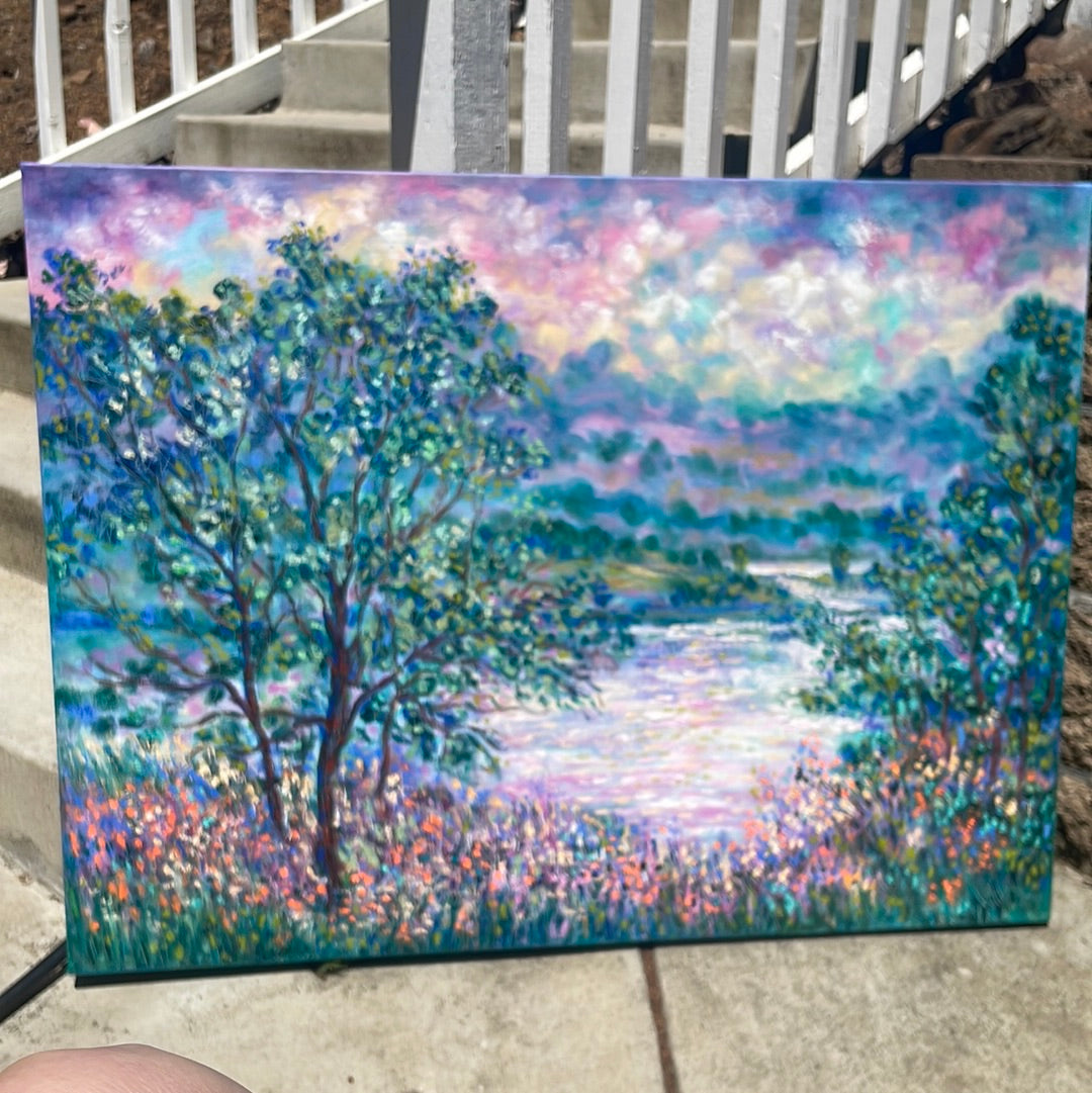 Original painting - California Don Pedro lake , oak trees and wildflowers -oil painting 40 x 30 x 1.5
