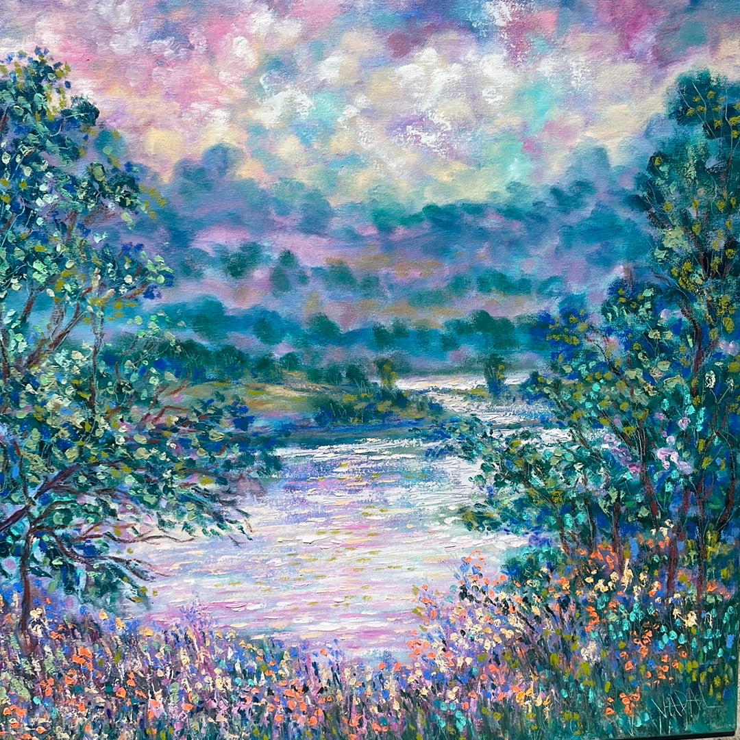 Original painting - California Don Pedro lake , oak trees and wildflowers -oil painting 40 x 30 x 1.5