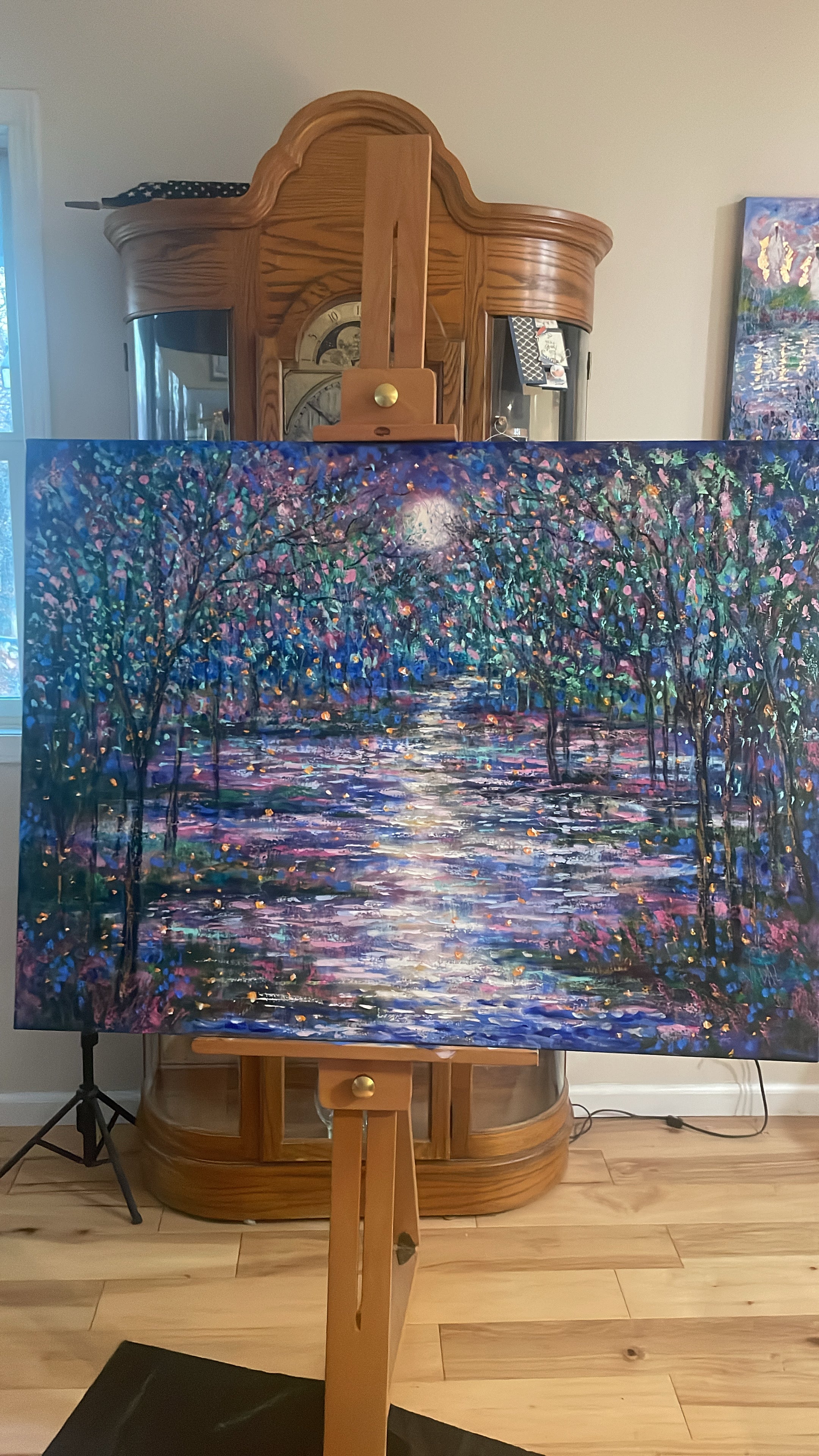 Original large oil painting - moonlight and fireflies along the river - 30 x40 x1.5