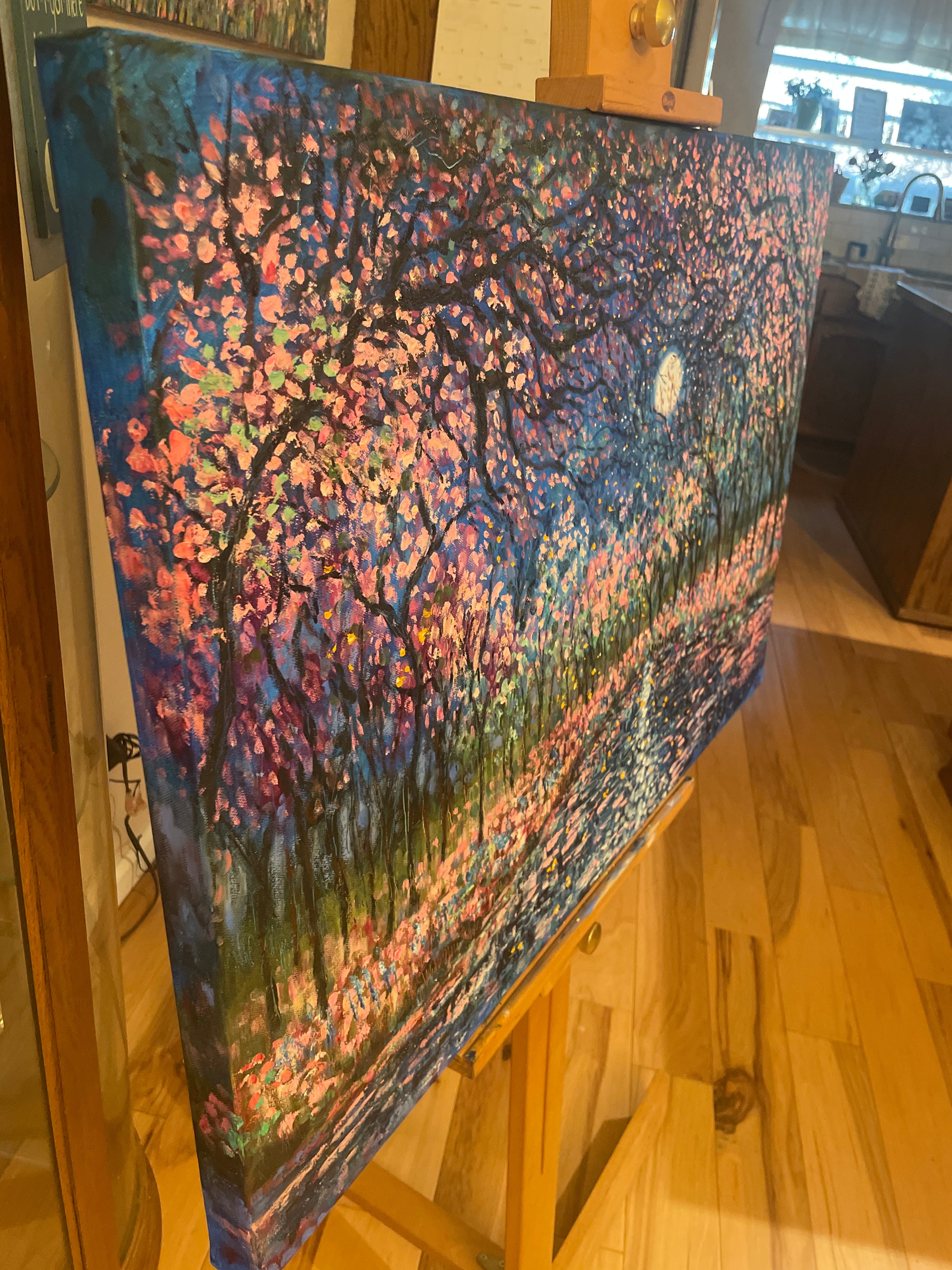 Original painting cherry tree pond-spring wall art paletteknife painting in greens blues pinks wildflower and Lilly pond painting