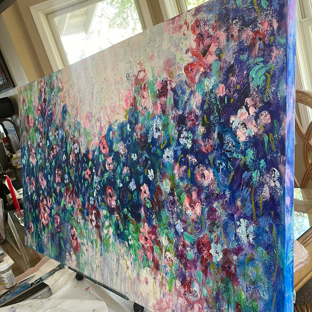 Original painting - Large Abstract floral- Blueberry bouquet -24 x 48 x1