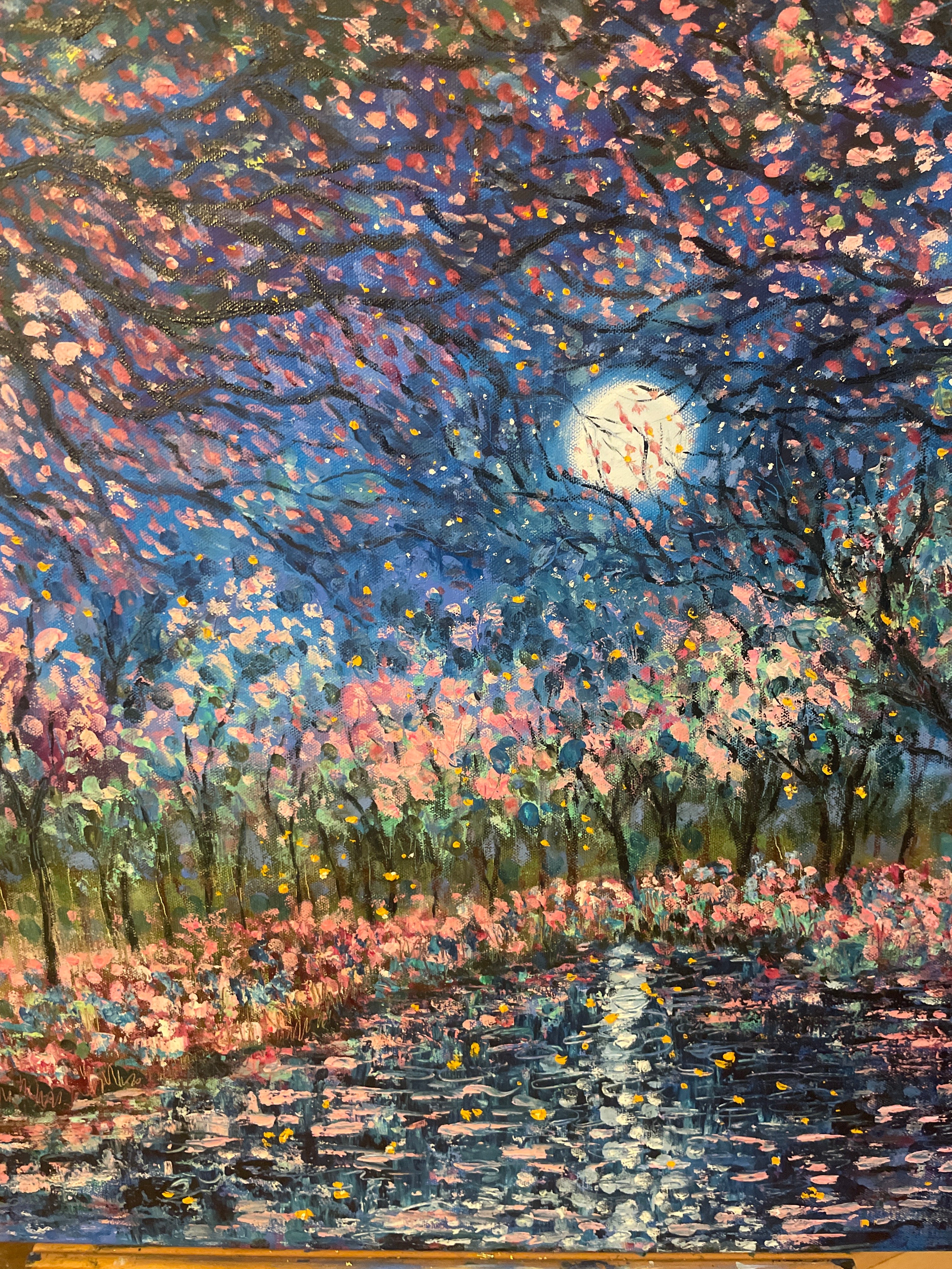 Original painting cherry tree pond-spring wall art paletteknife painting in greens blues pinks wildflower and Lilly pond painting