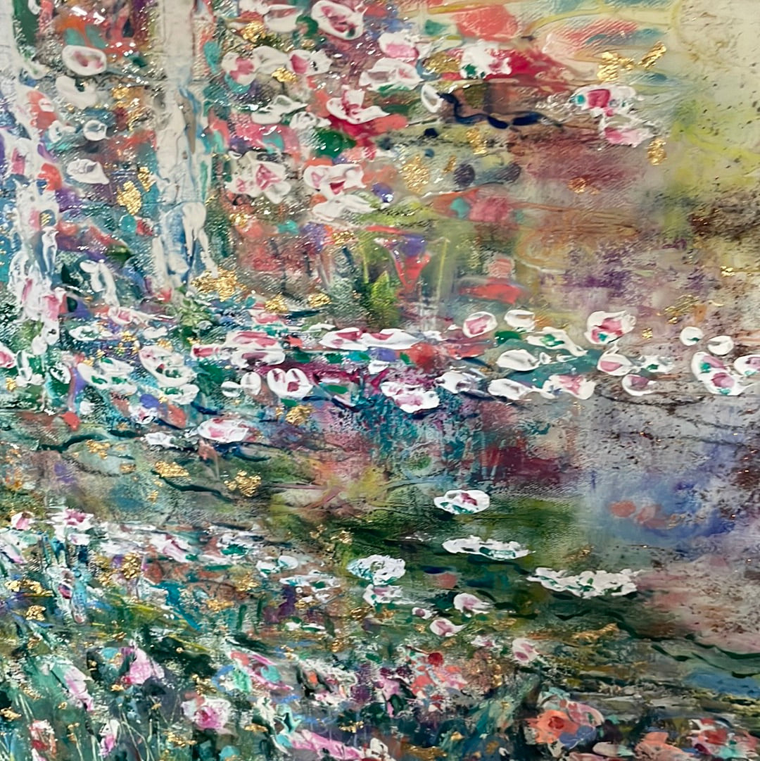 Original painting - Glowing stream and birch trees - Large painting 60 x 48 x 1.5 - oil , plaster , and gold leaf