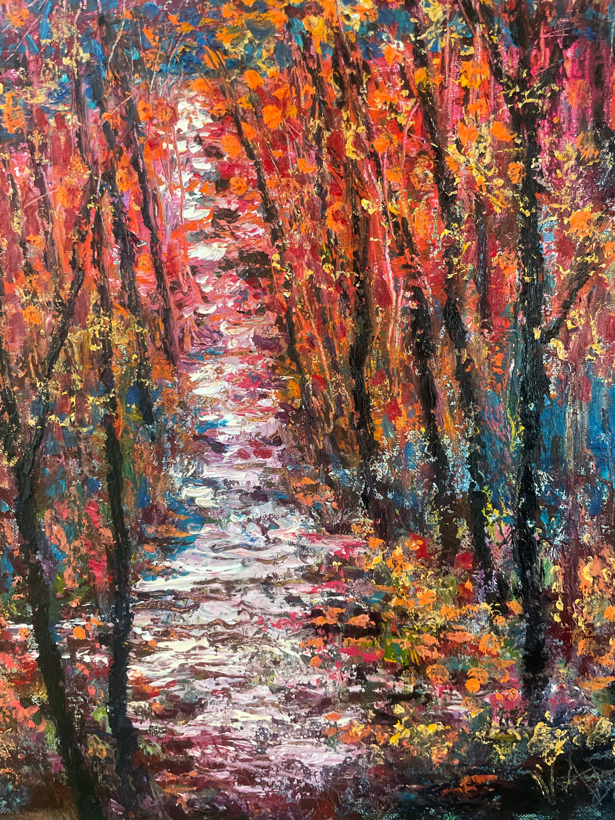 Original oil painting red fall trees Stream palette knife orange merlot fall foliage