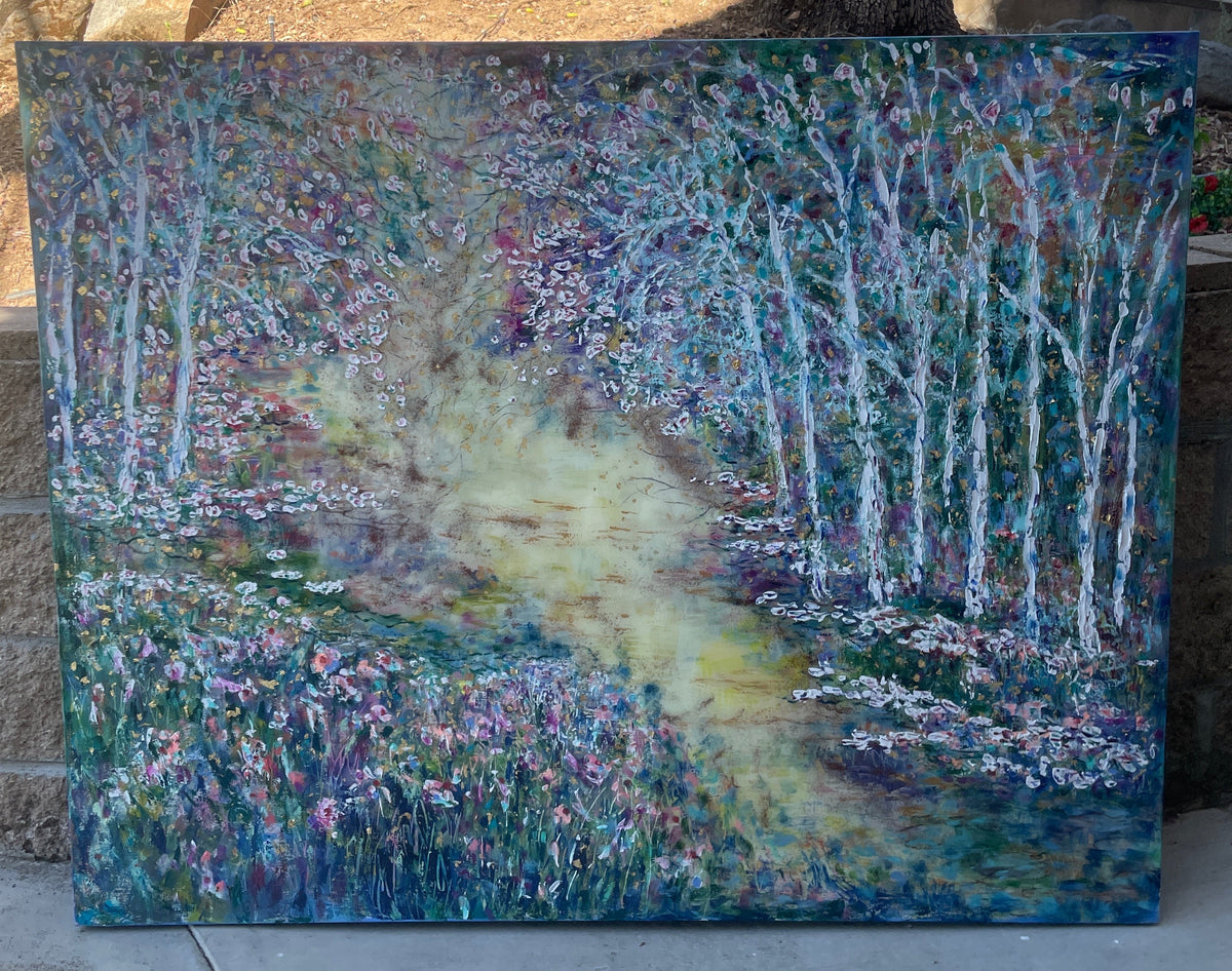 Original painting - Glowing stream and birch trees - Large painting 60 x 48 x 1.5 - oil , plaster , and gold leaf