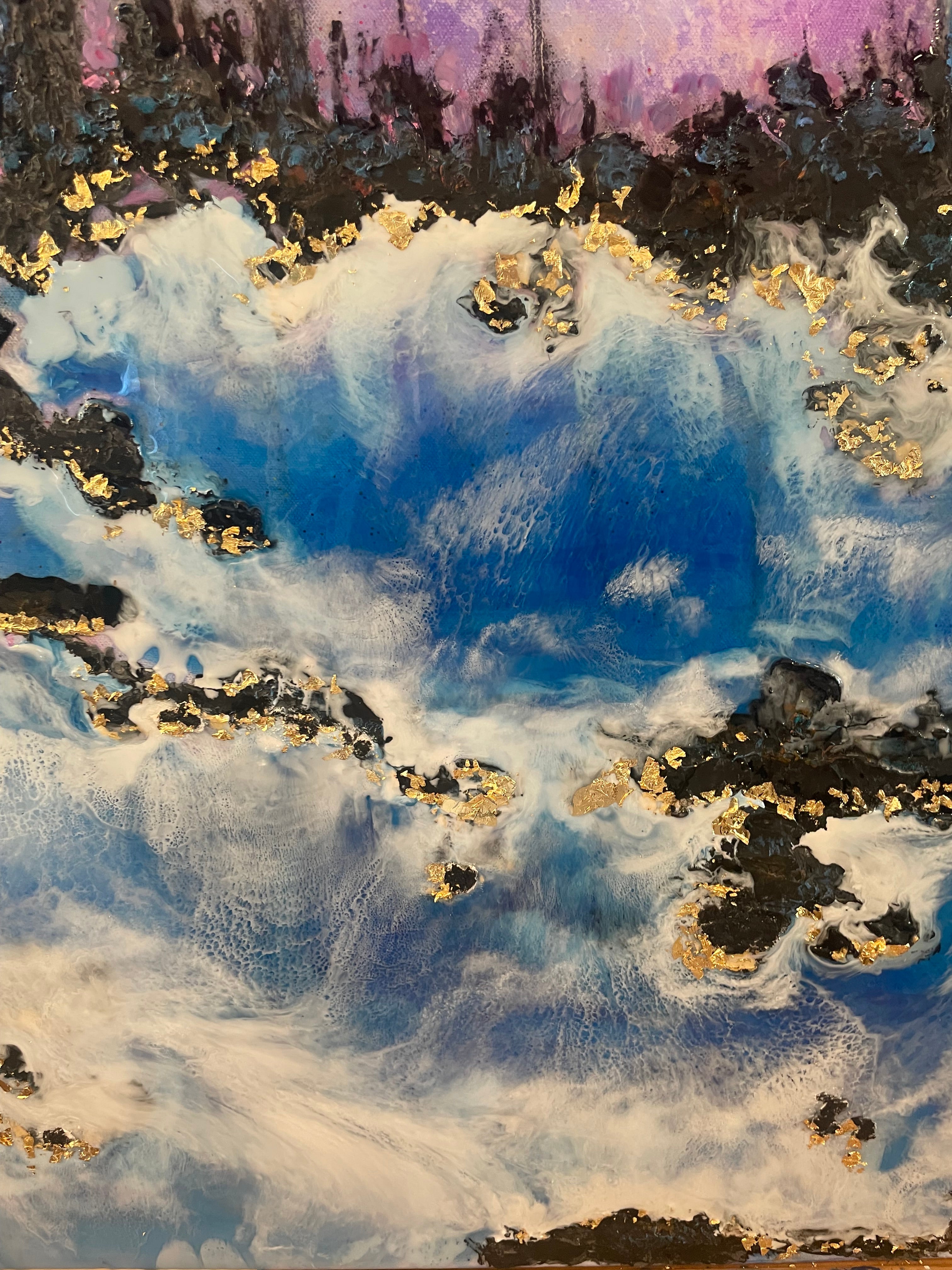 Original large resin painting moonlight and pines along the river in yosemite 30 x40 x1.5