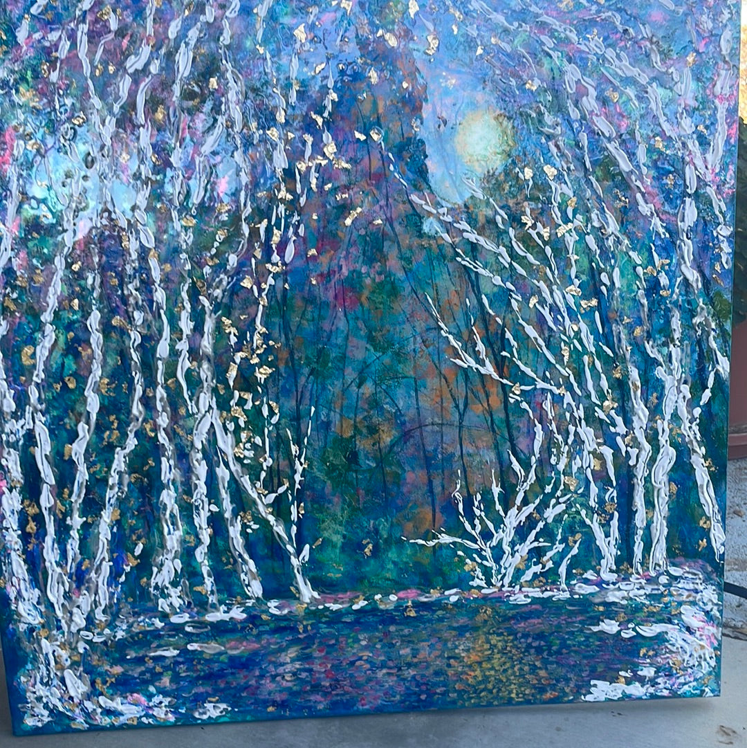 36x36x1 - Original Painting - Birchtrees along sunny stream- acrylic with resin