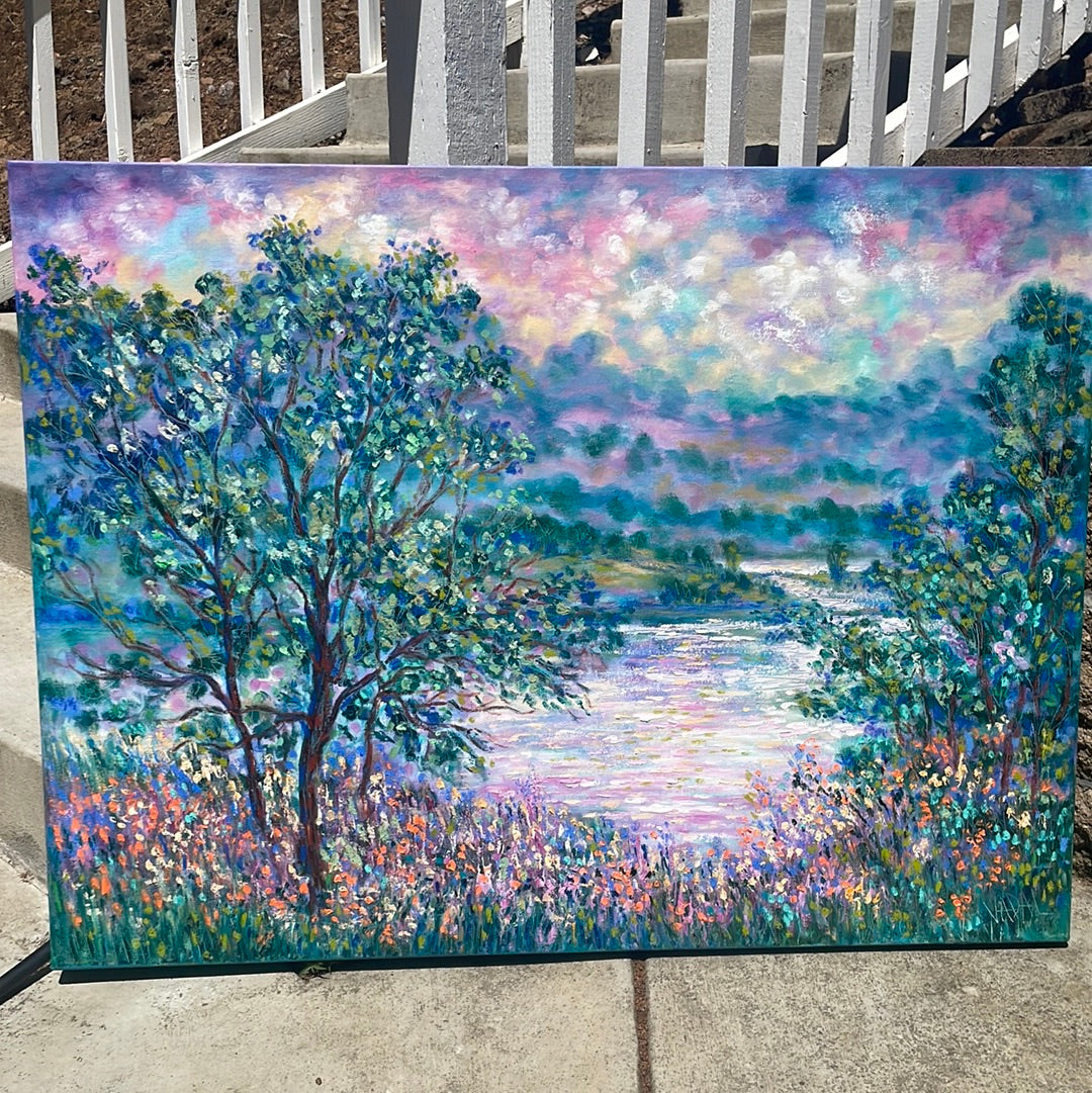 Original painting - California Don Pedro lake , oak trees and wildflowers -oil painting 40 x 30 x 1.5