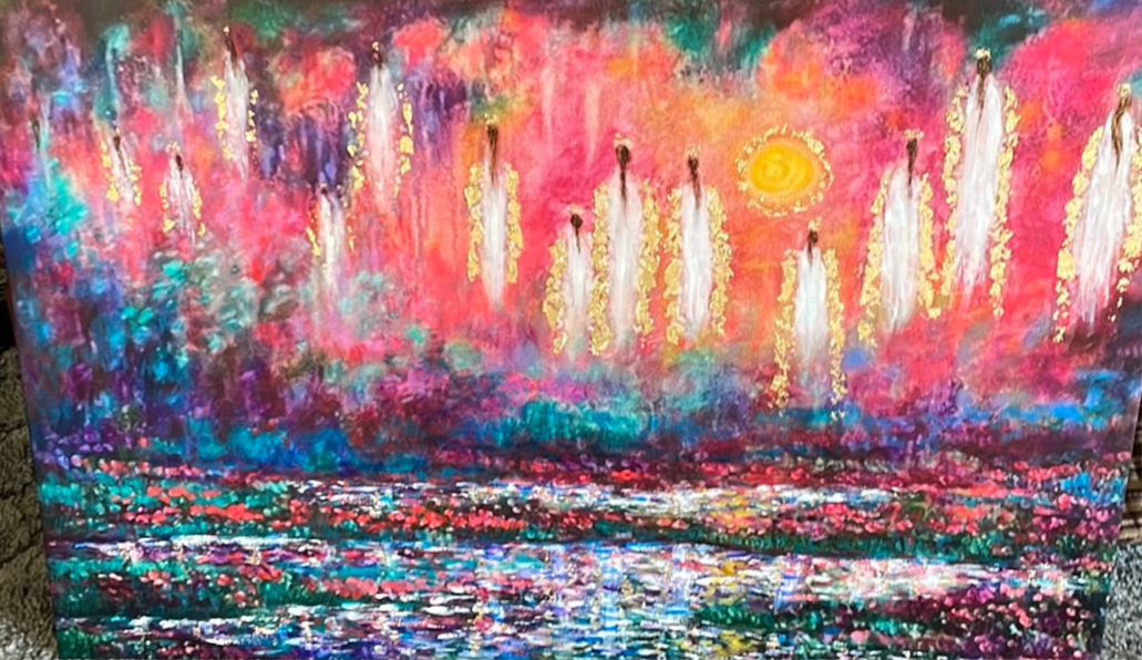 24x36 Canvas Print Angels in Heavens Sunlight Among the Lilly Pads Embellished in Gold Leaf