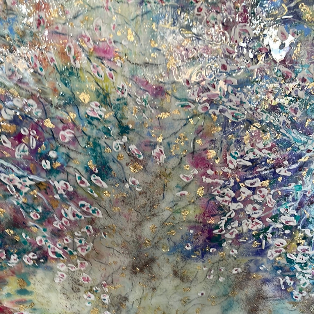 Original painting - Glowing stream and birch trees - Large painting 60 x 48 x 1.5 - oil , plaster , and gold leaf