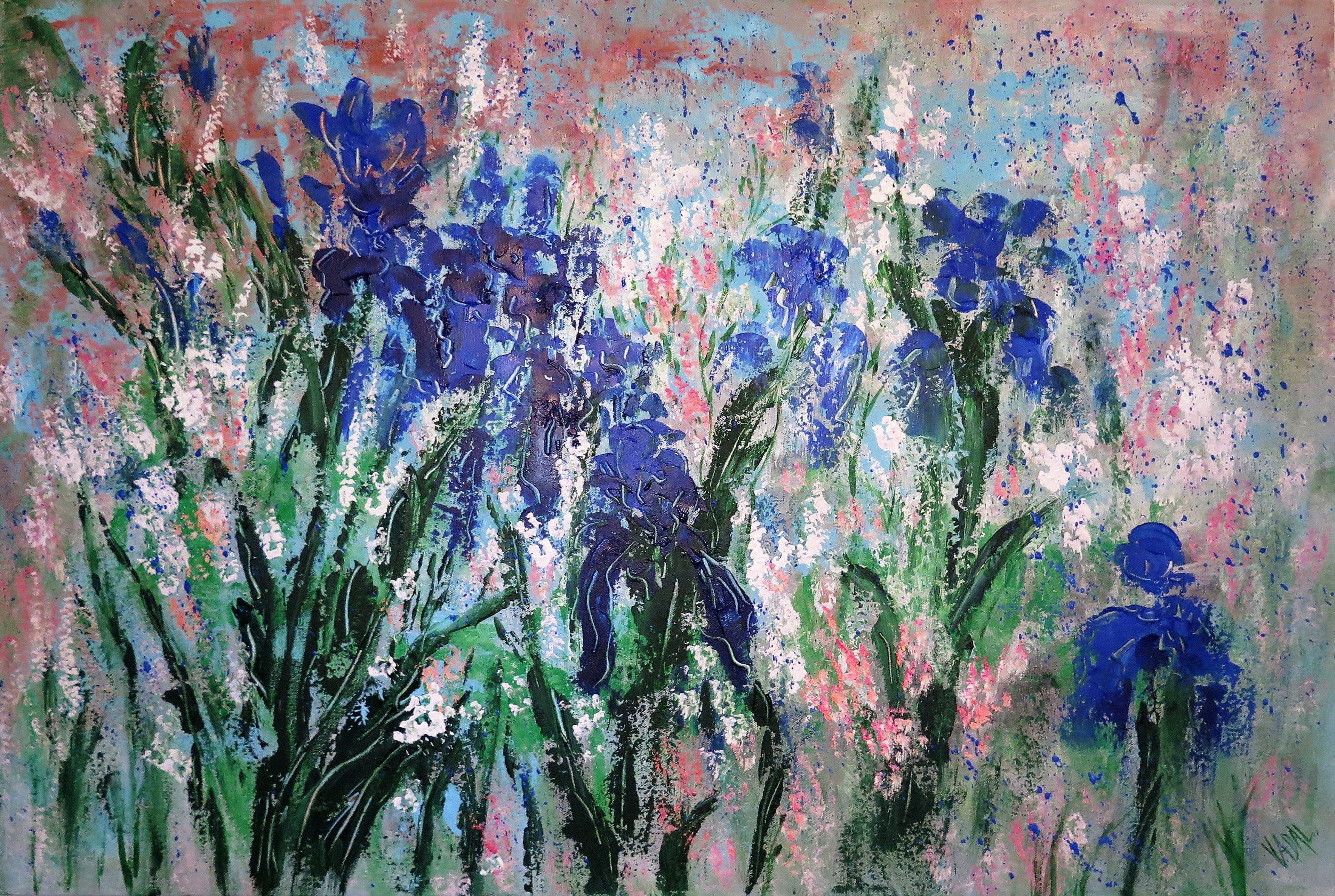 original painting cherry Blue Iris and wild flowers