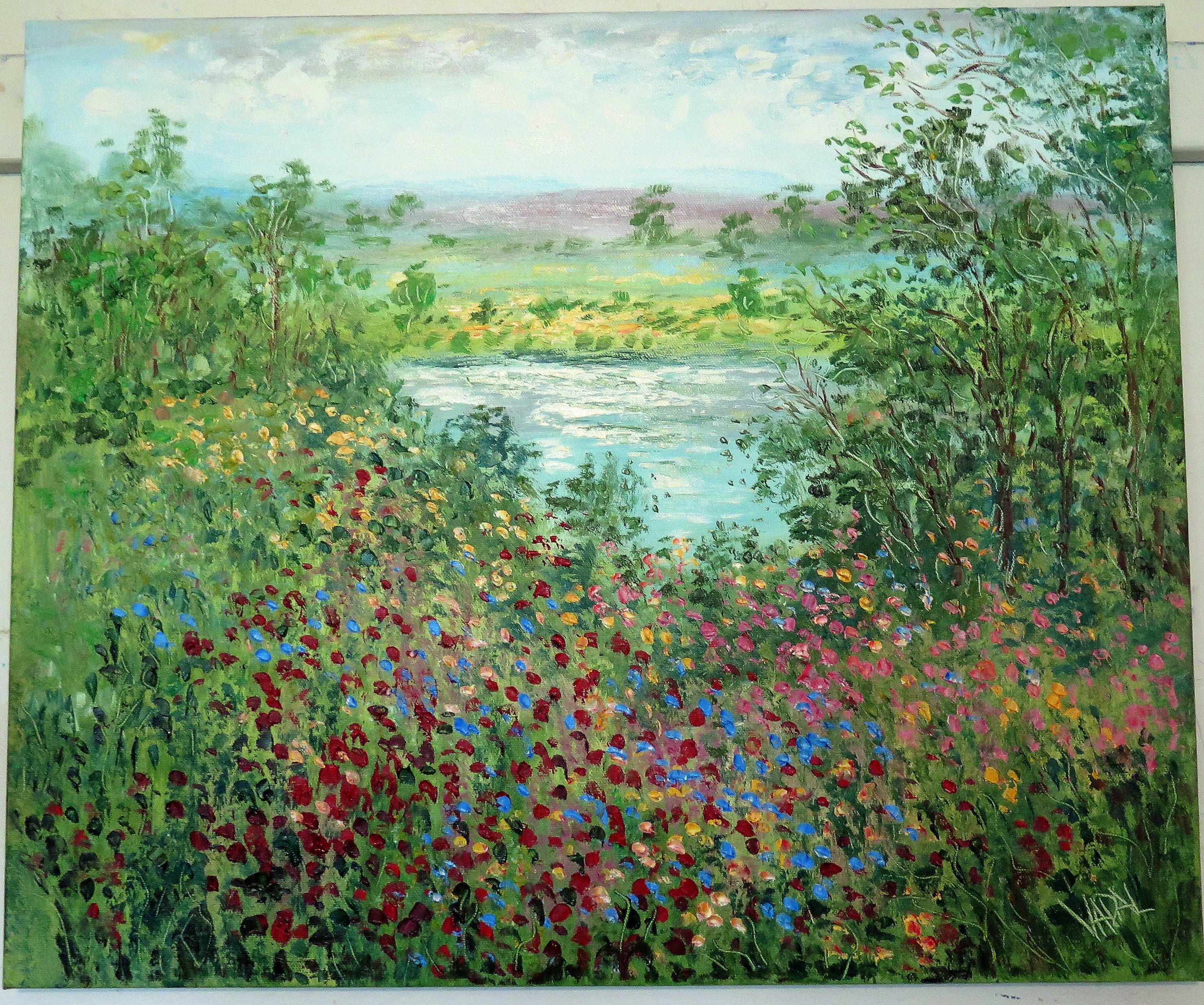 Original painting - California wild flowers and pond 24 x 20
