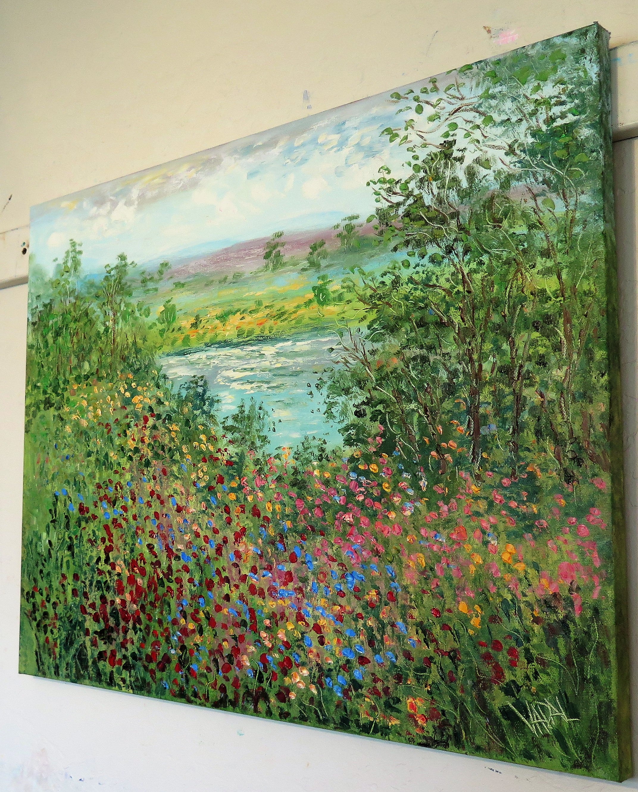 Original painting - California wild flowers and pond 24 x 20