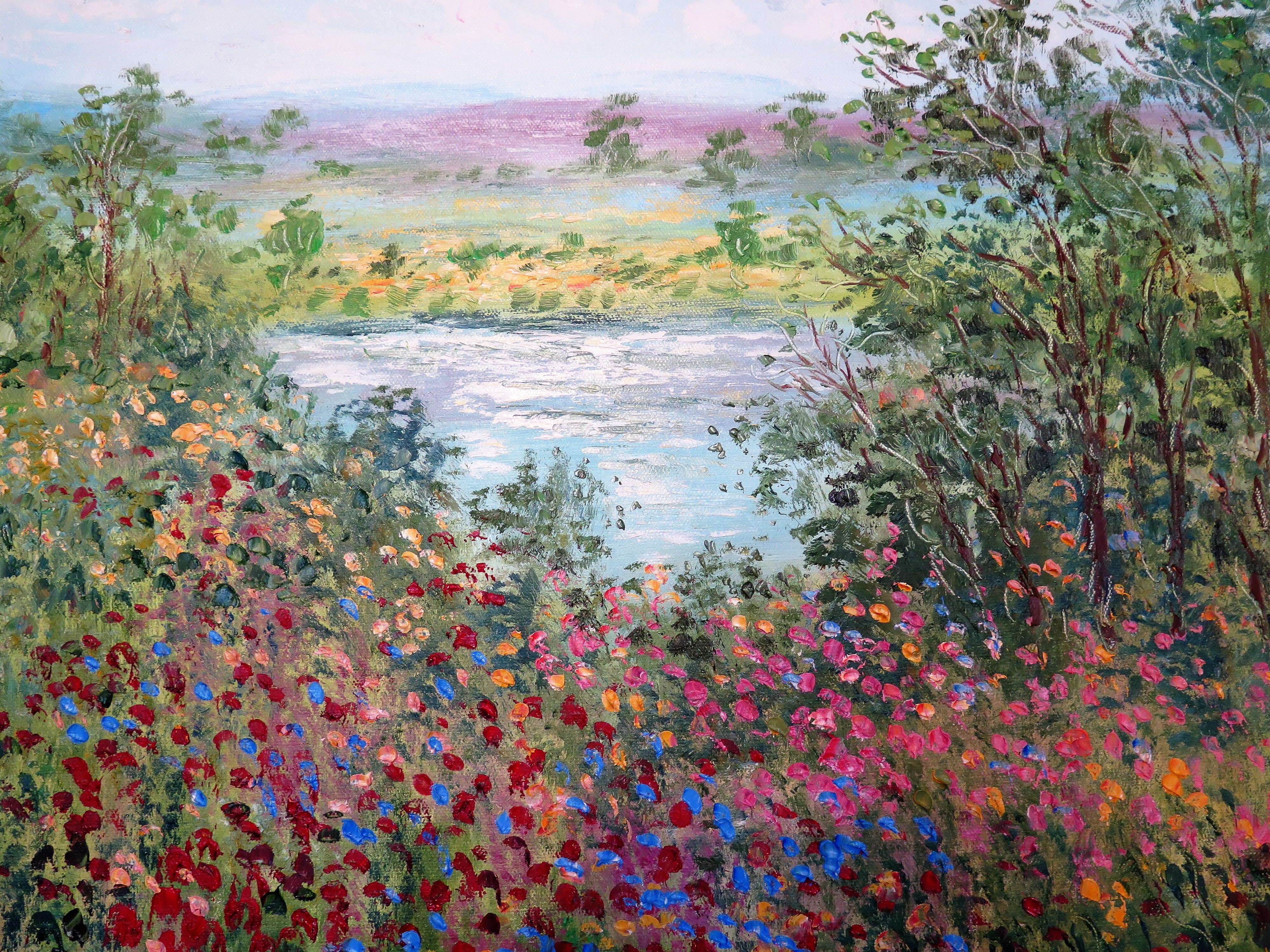 Original painting - California wild flowers and pond 24 x 20