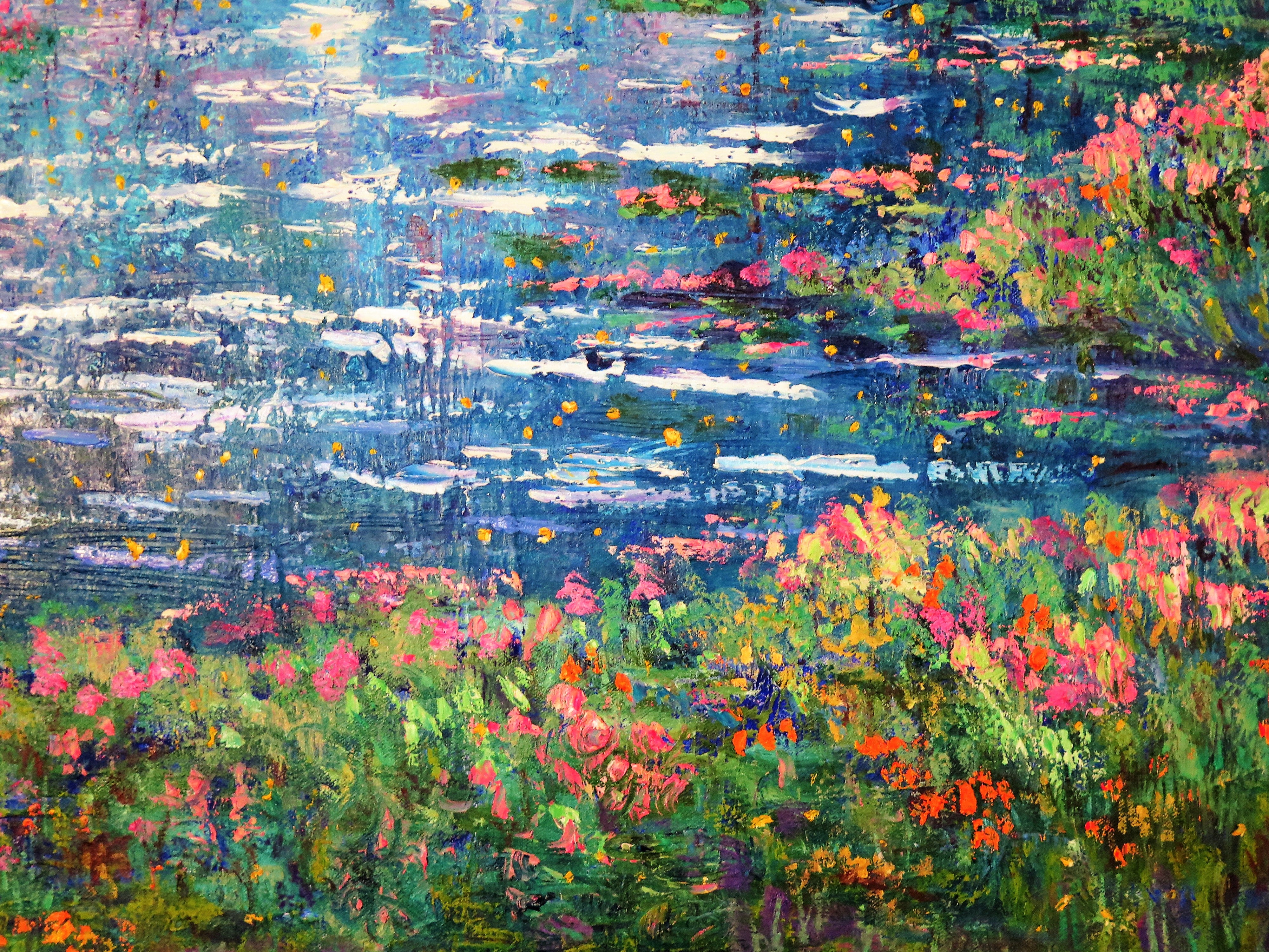 Original painting - Lilly Pad stream , moonlight and fireflies - oil -24 x 48 x 1.5
