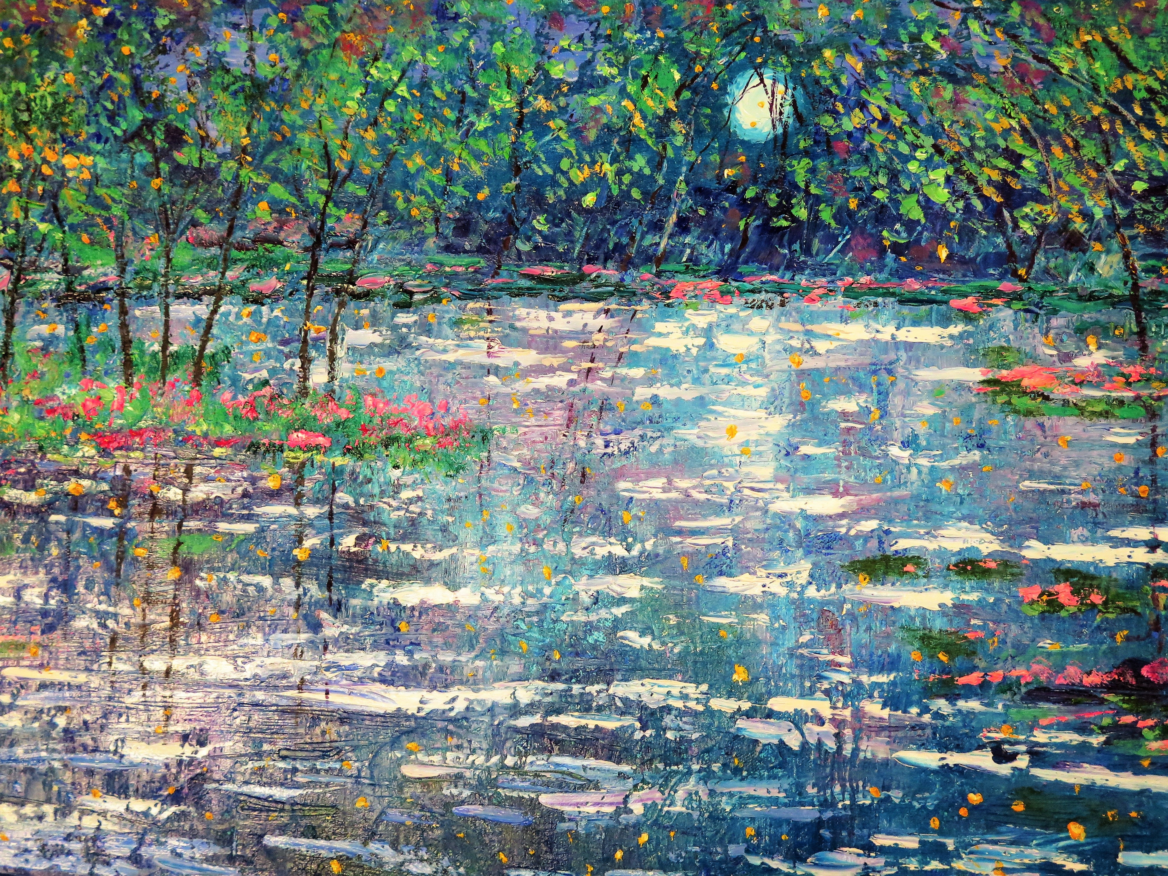 Original painting - Lilly Pad stream , moonlight and fireflies - oil -24 x 48 x 1.5